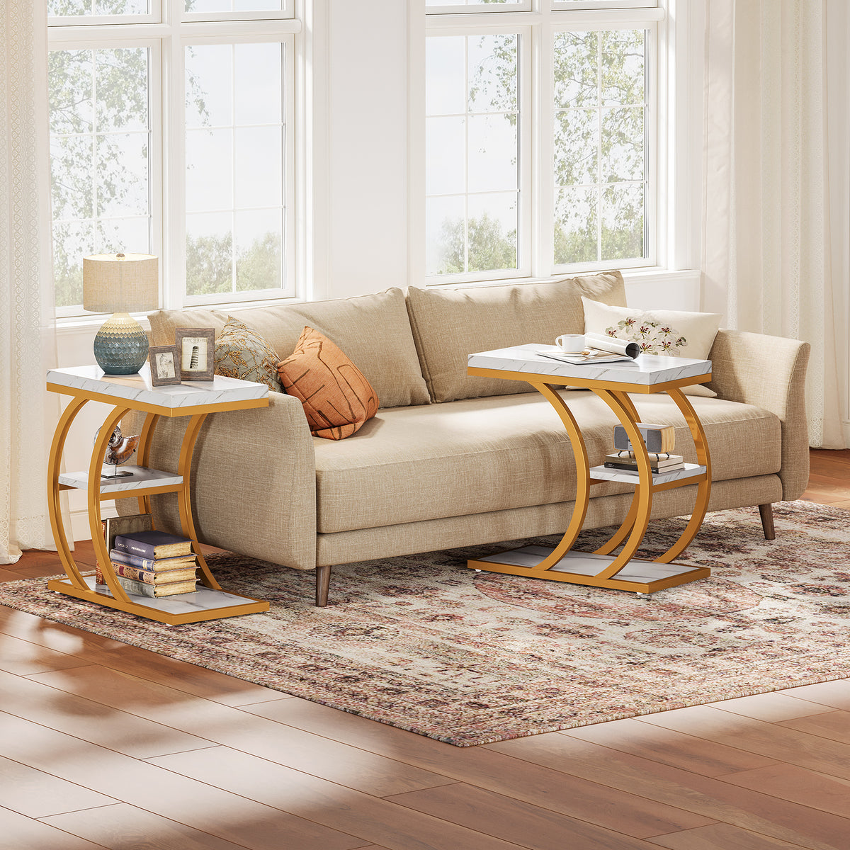60cm End Table, 3-Tier Couch C-Shaped Side Table with Storage