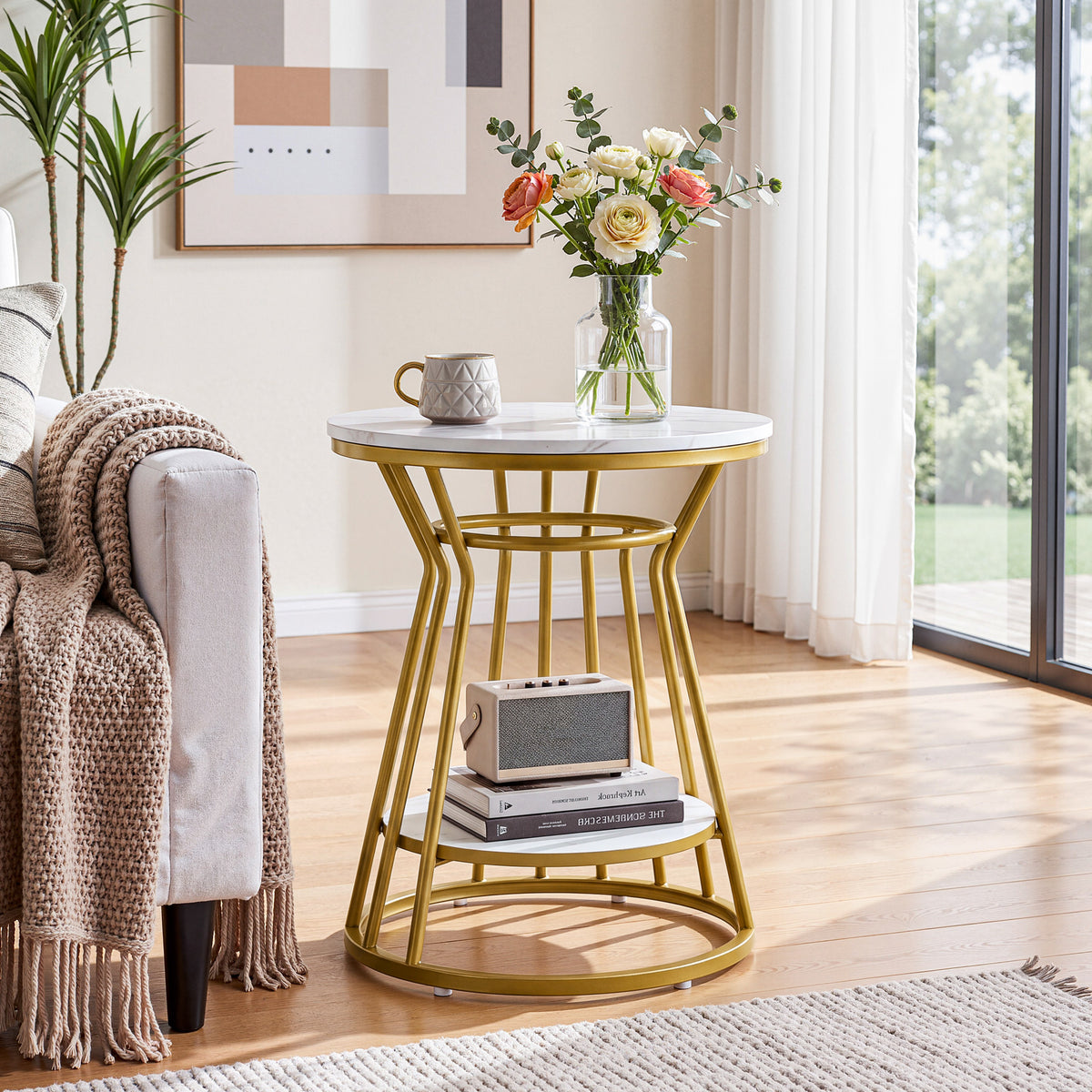45cm Round End Table, 2-Tier Accent Side Table with Faux Marble Veneer & Metal Frame