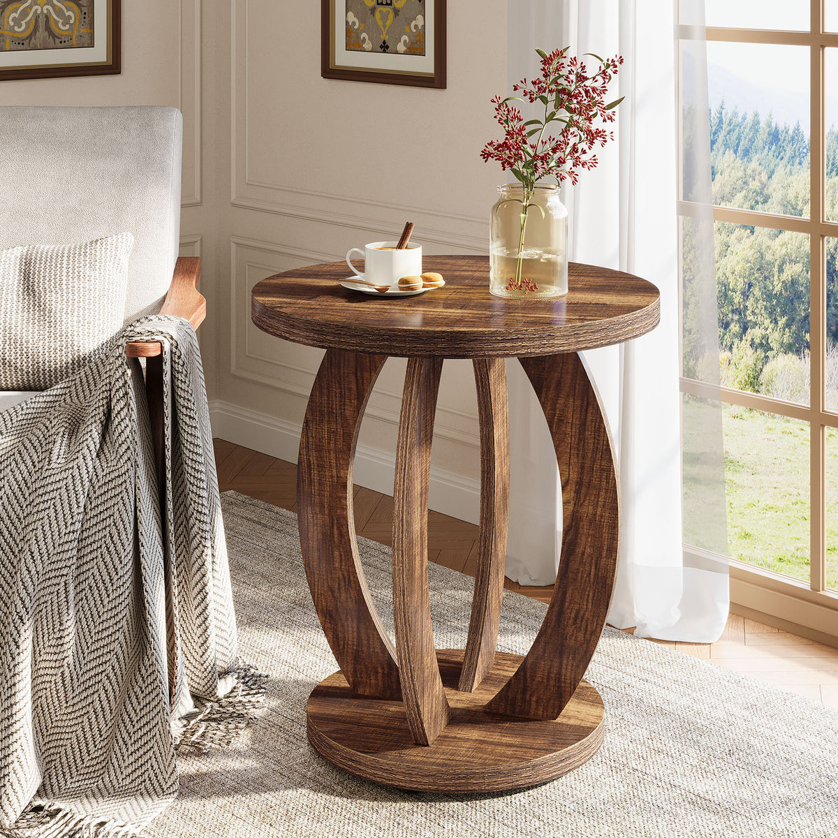60cm Round End Table, Rustic Side Table with Storage for Living Room