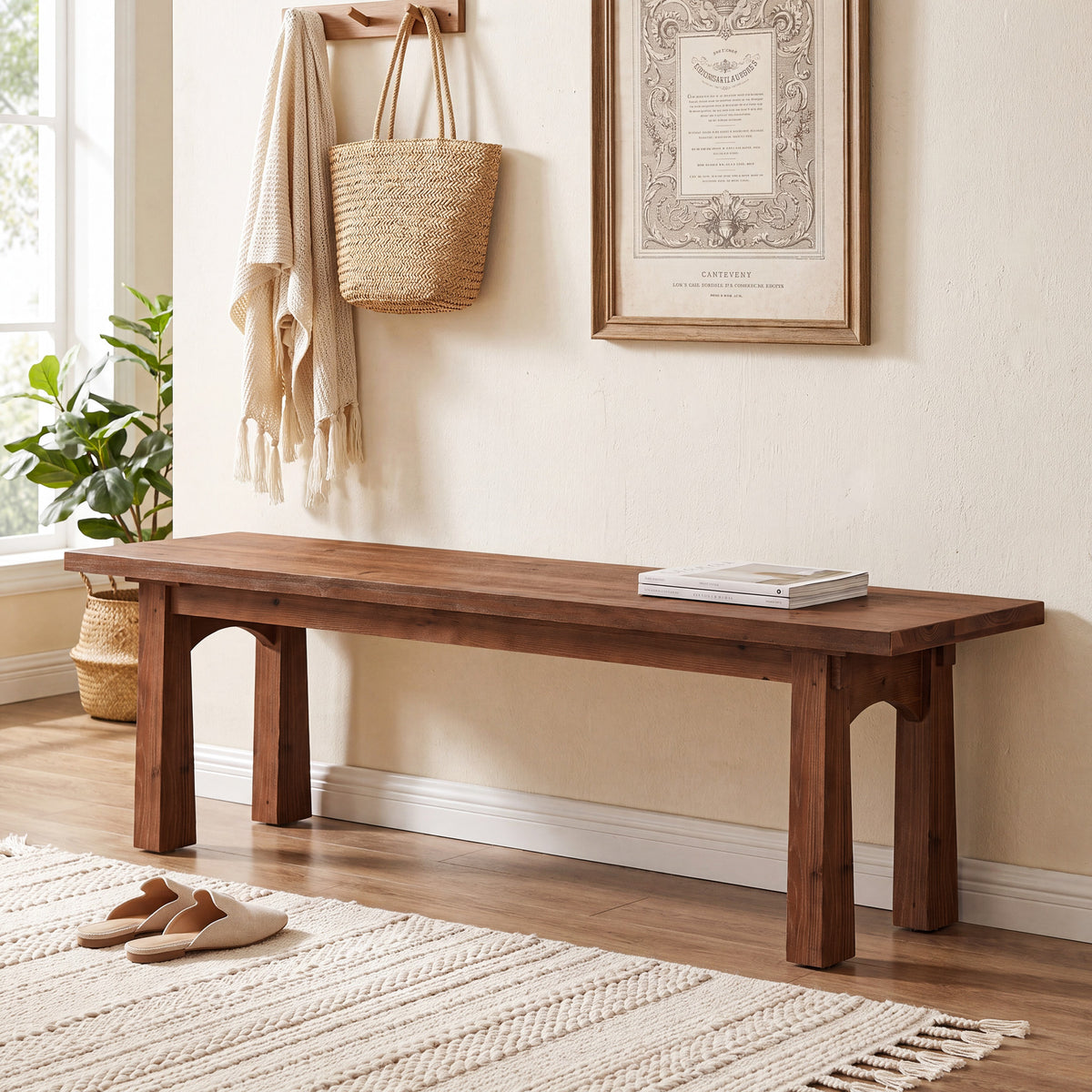 140cm Entryway Bench, Solid Wood Farmhouse Shoe Bench