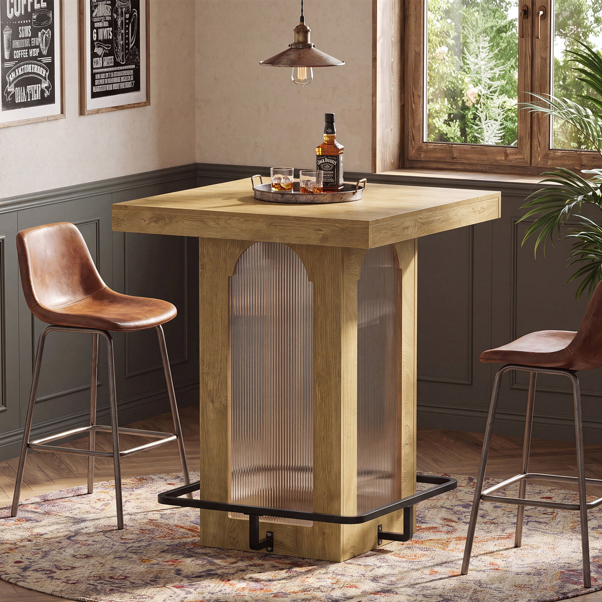 100cm Bar Table, Square High Top with RGB Light & Metal Footrest for Kitchen Home Bar
