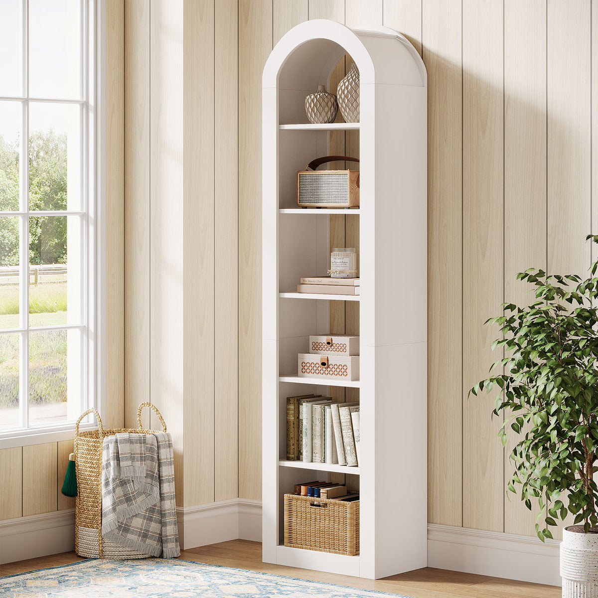 190cm Arched Bookshelf, 6-Tier Narrow White Storage Rack