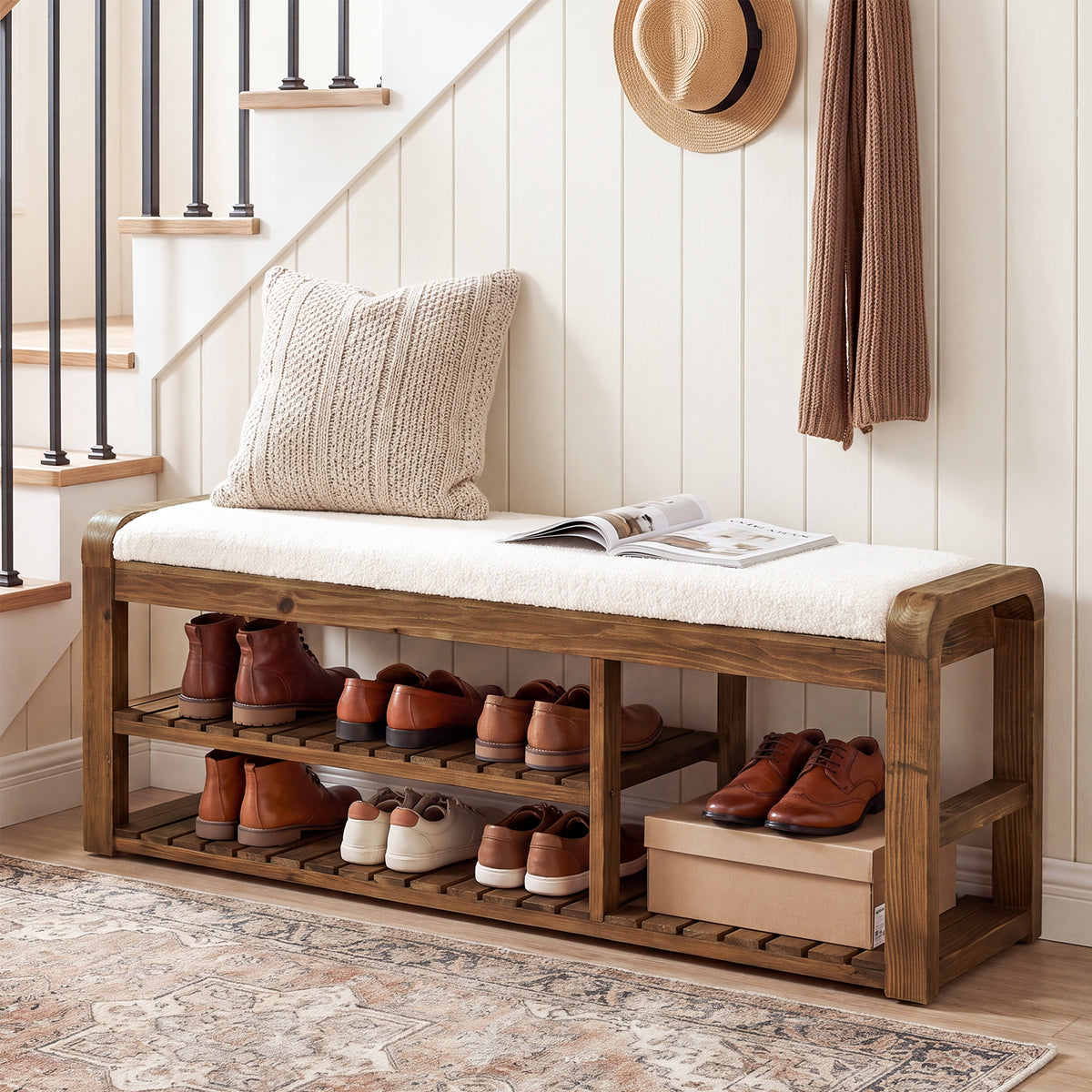 140cm Shoe Storage Bench, Solid Wood Upholstered Entryway Bench with Removable Cushion