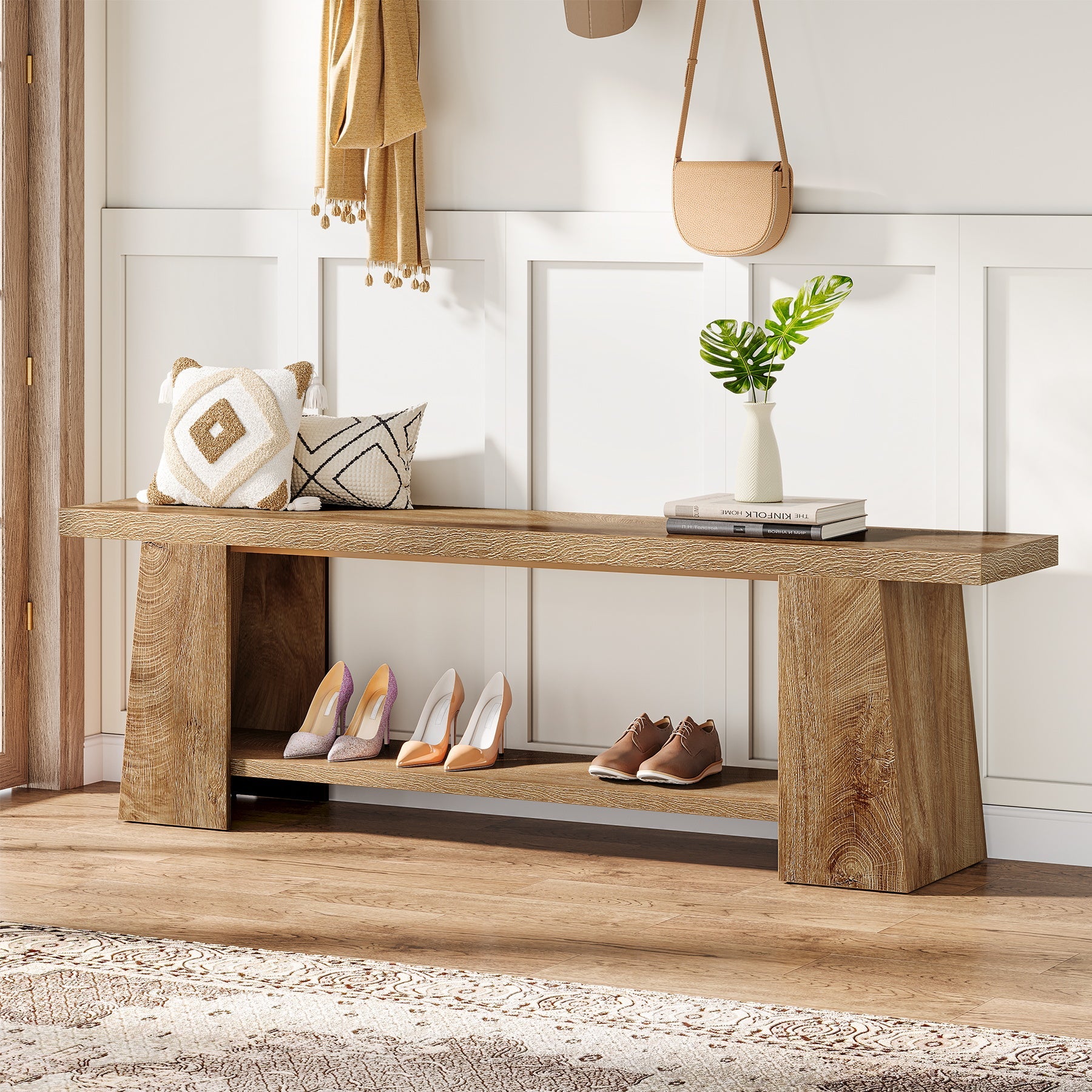 59" 2-Tier Entryway Bench, Shoe Bench End of Bed Bench with Storage Shelves
