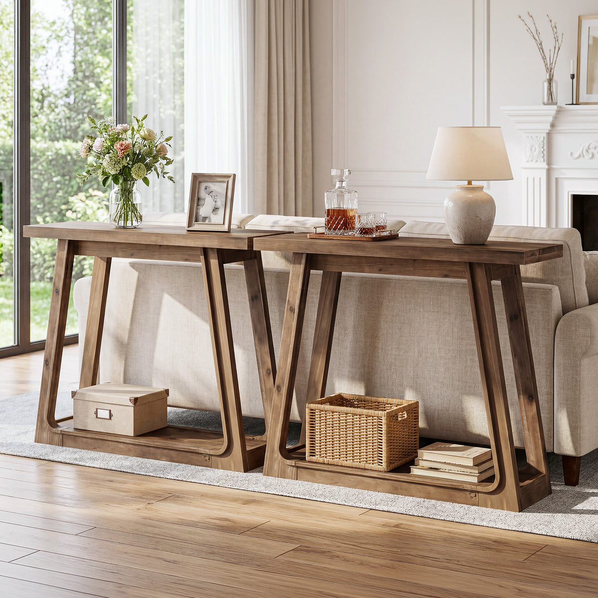 105cm Console Table, Solid Wood 2-Tier Narrow Entryway Sofa Table for Hallway