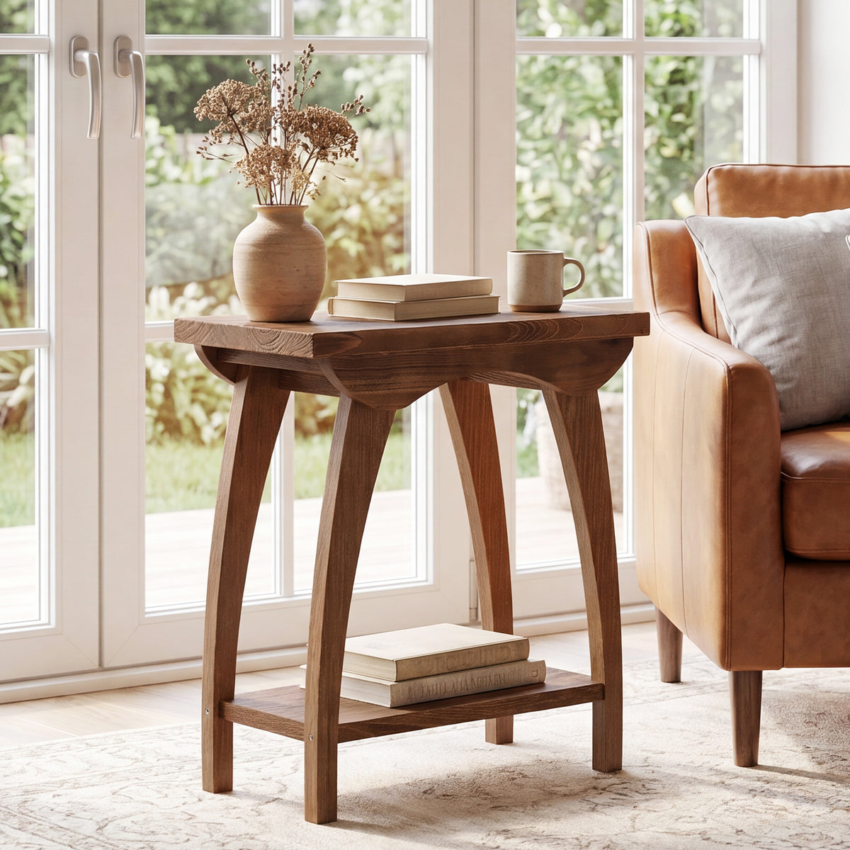 60cm End Table, Farmhouse Solid Wood Side Table with Lower Shelf for Living Room