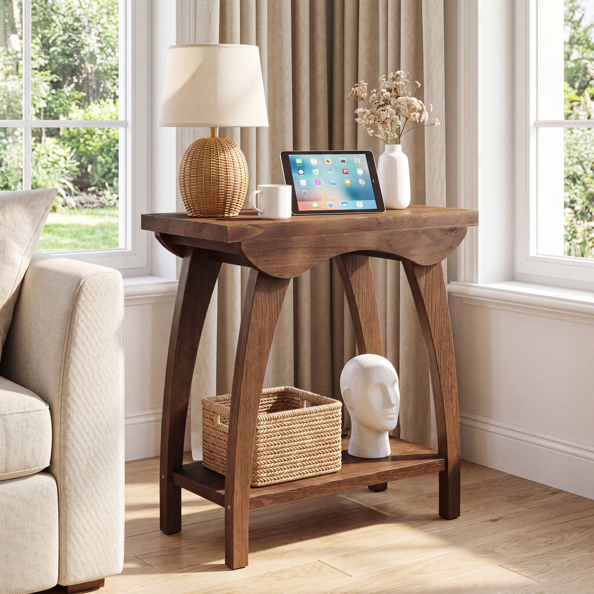 60cm End Table, Farmhouse Solid Wood Side Table with Lower Shelf for Living Room