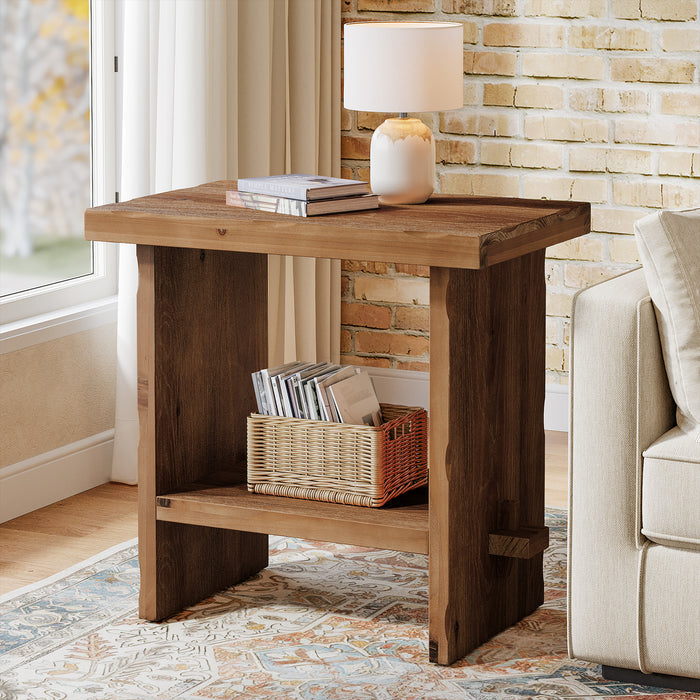 60cm Side Table, 2-Tier Solid Wood Compact Nightstand for Living Room