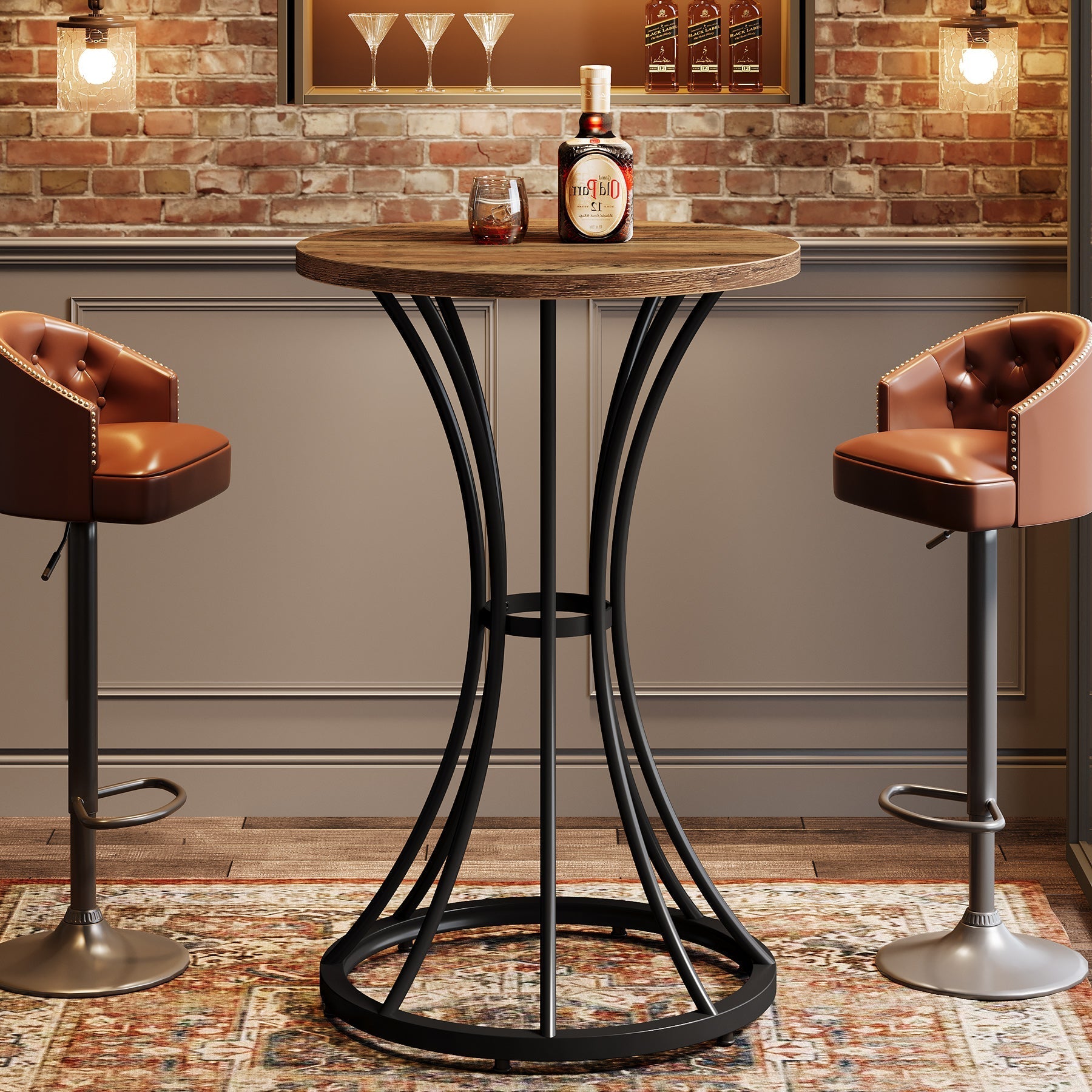 37.4" Round Bar Table for Two, Cocktail Table with Curved Metal Base in Black