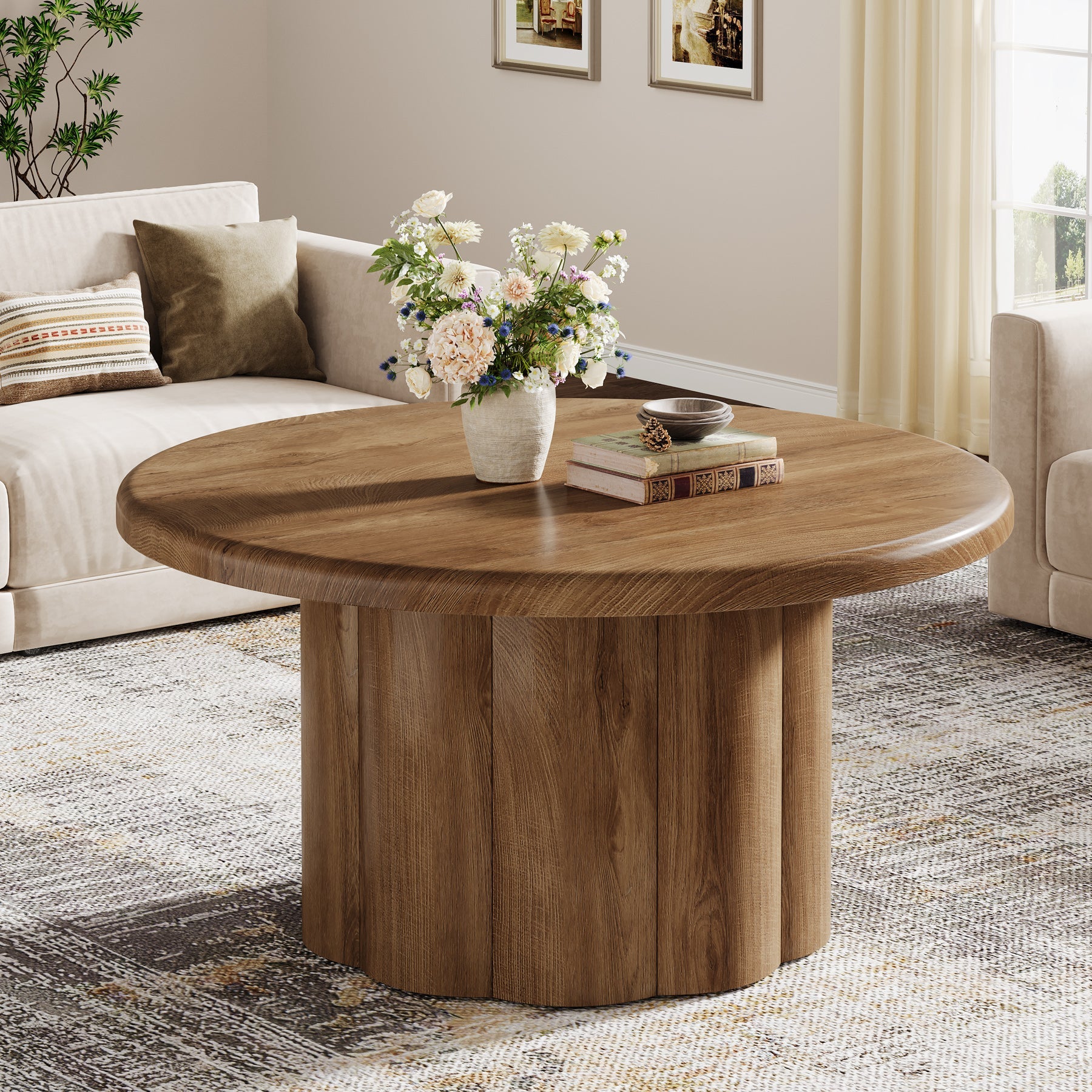 31.5" Rustic Fluted Drum Table, Round Farmhouse Center Table for Cozy Living