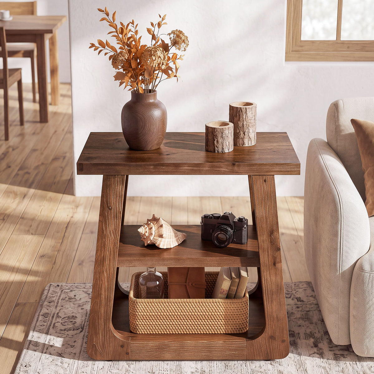 50cm Side Table, Farmhouse 3-Tier Solid Wood End Table for Small Spaces