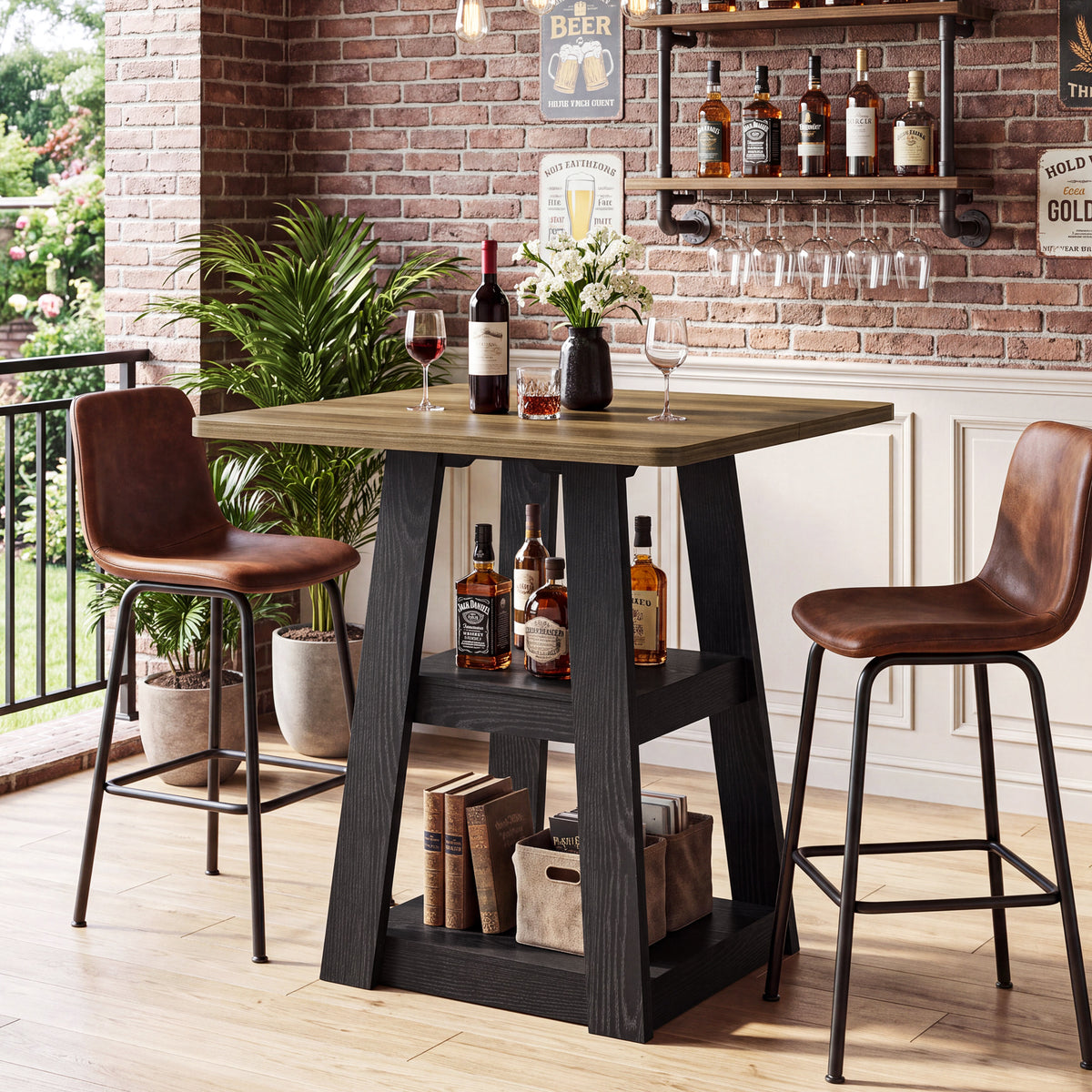 90cm Square Bar Table, Farmhouse Pub Table with 2-Tier Storage Shelves for Kitchen Dining Room