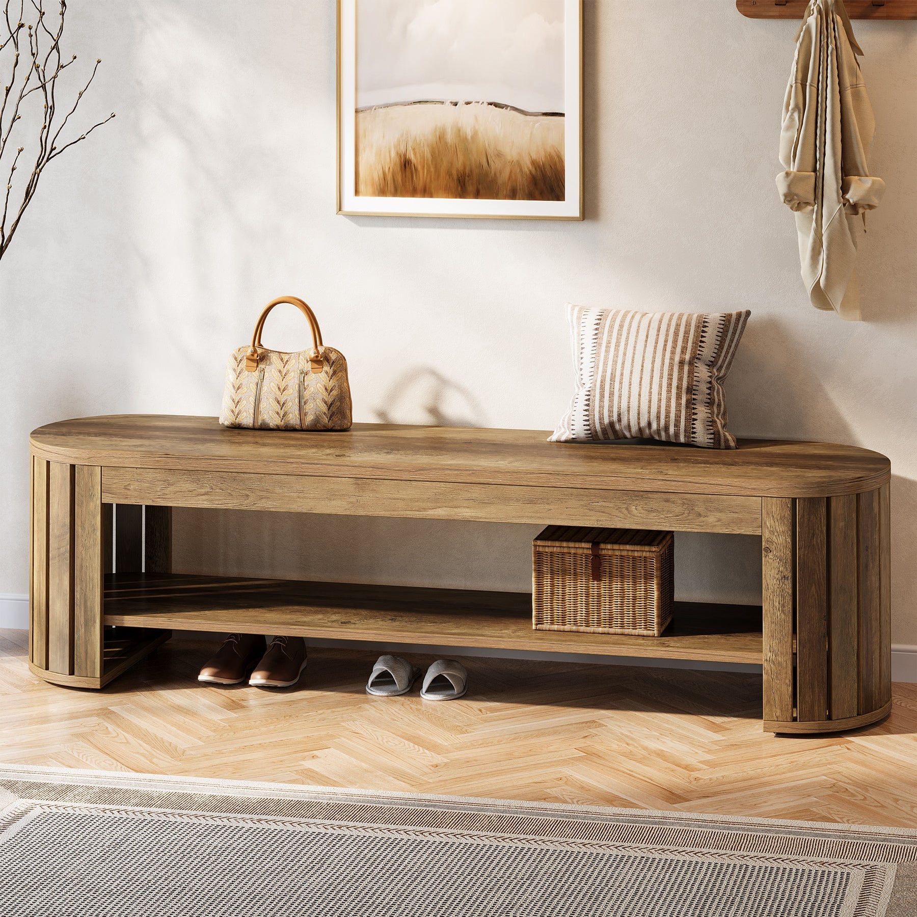 63" Wooden Shoe Bench with 2-Tier Storage, Narrow Entryway Bench for Entrance and Hallway