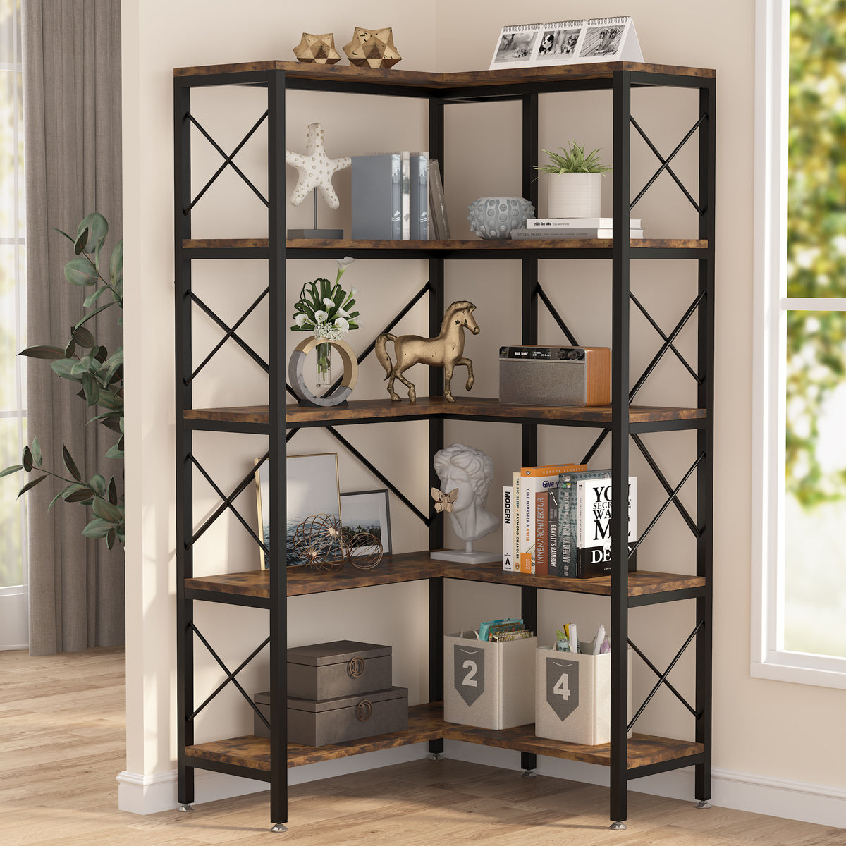168cm Corner Bookshelf, 5-Tier Industrial Open Storage Rack