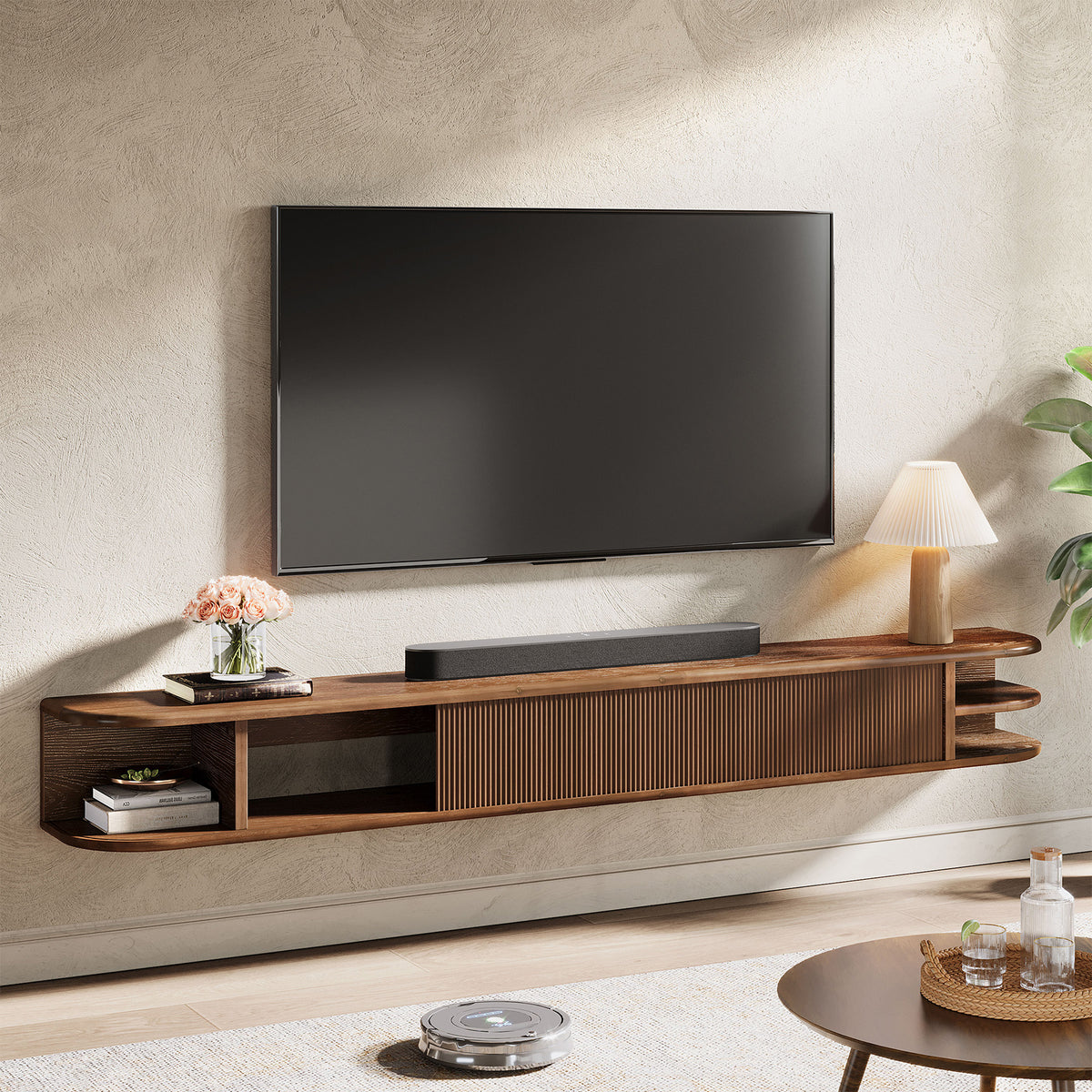 180cm Floating TV Stand, Solid Wood Media Console with Fluted Doors & Cable Management for 50-90" TVs