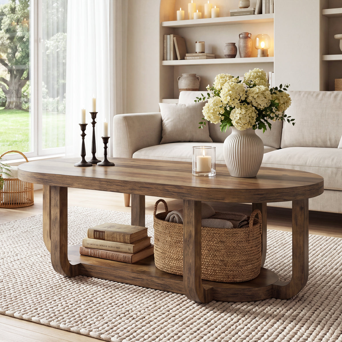 140cm Oval Coffee Table, 2-Tier Storage with Curved Leg Design for Living Room