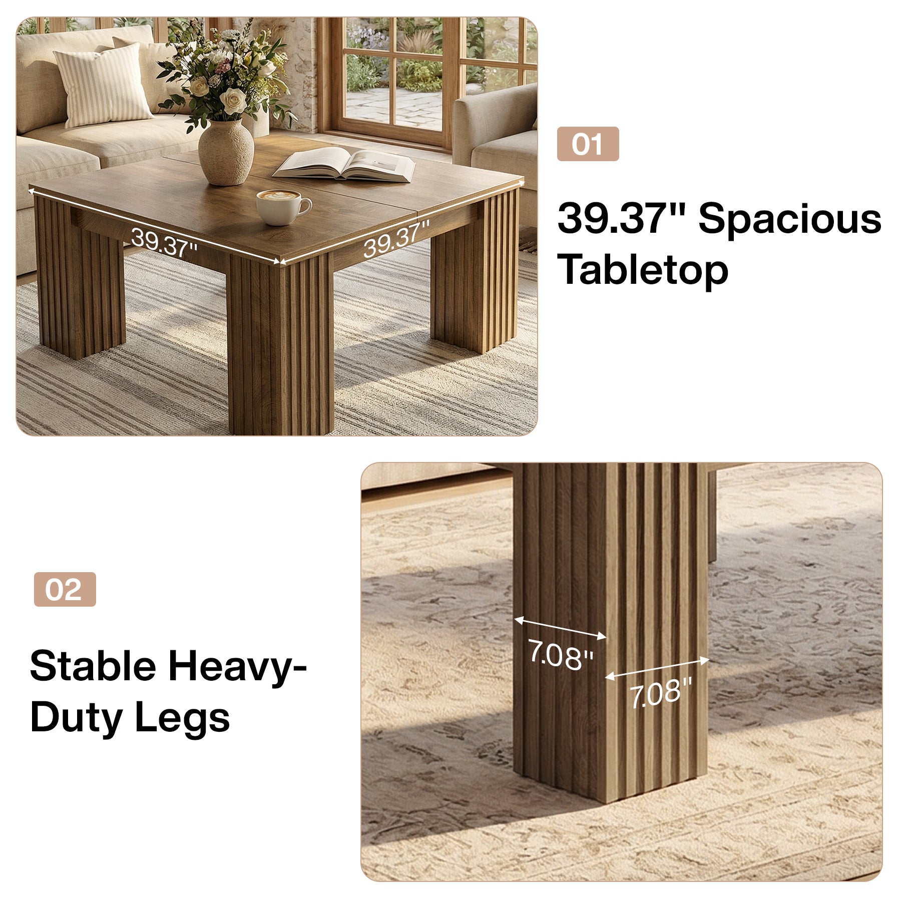 100cm Square Coffee Table, Farmhouse Center Table with Fluted Legs