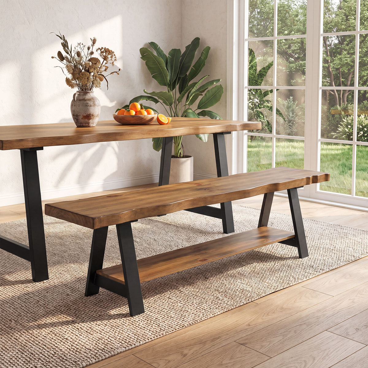 140cm Entryway Bench, Solid Wood Live Edge Storage Shelf for Hallway Mudroom