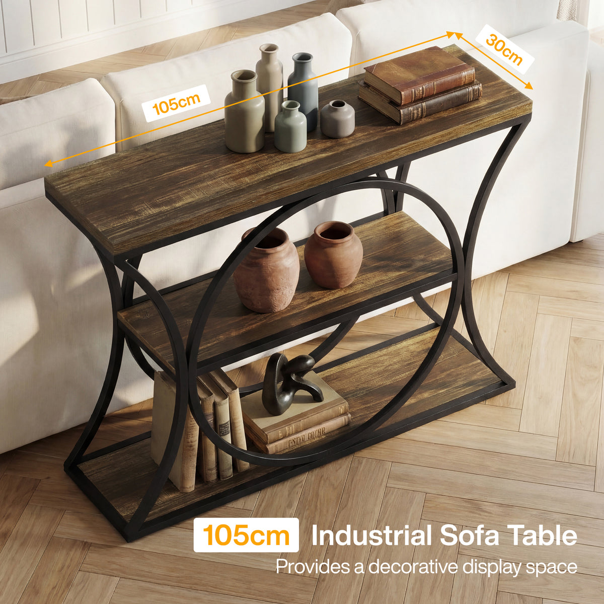 105cm Console Table, 3-Tier Industrial Narrow Entryway Table with Arched Metal Frame
