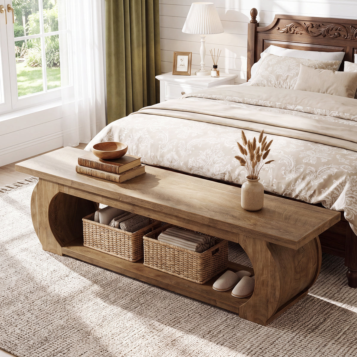 160cm Bedroom Bench, Country Storage Bench with Open Shelf & Curved Wood Frame