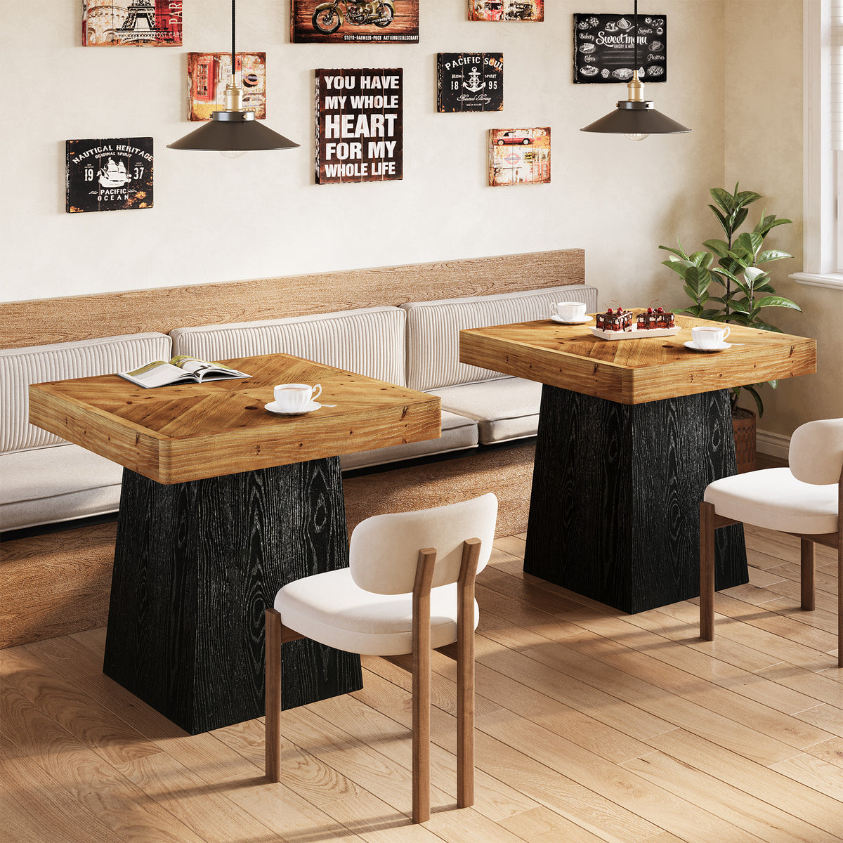 80cm Square Dining Table, Industrial Solid Wood Kitchen Table with Parquet Top & Tapered Base