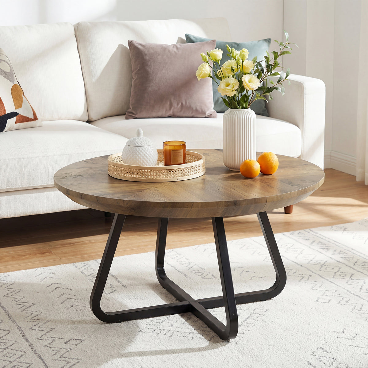Tribesigns 80cm round coffee table, industrial-style centre table with metal legs