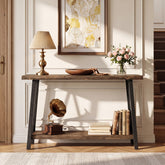 160cm Console Table, Industrial 2-Tier Live Edge Wood Top & Metal Frame for Hallway 3