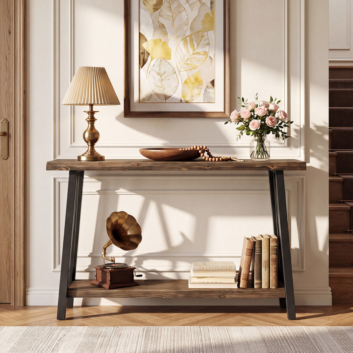 160cm Console Table, Industrial 2-Tier Live Edge Wood Top & Metal Frame for Hallway