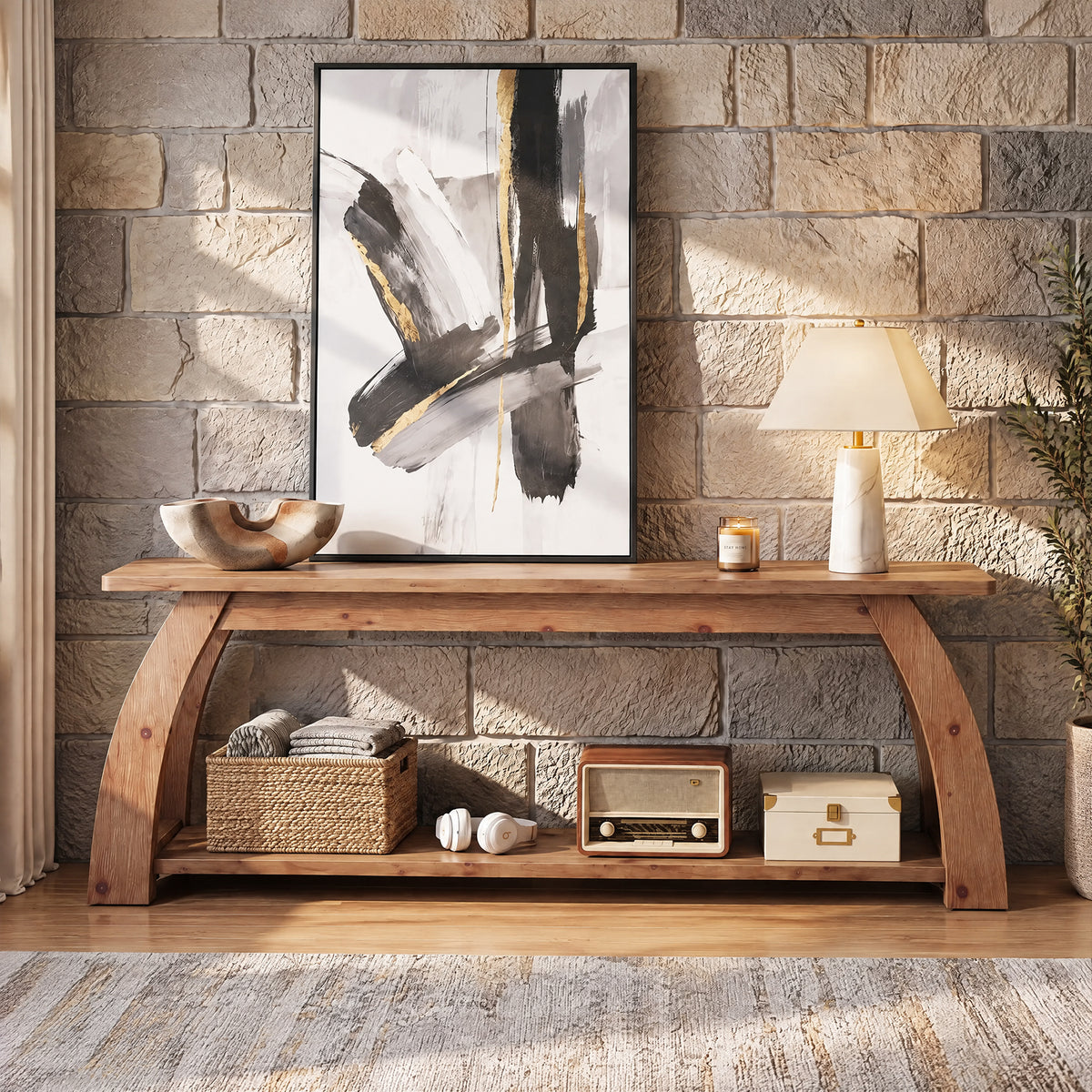 160cm TV Stand, 2-Tier Solid Wood Entertainment Centre with Open Storage for up to 75" TVs