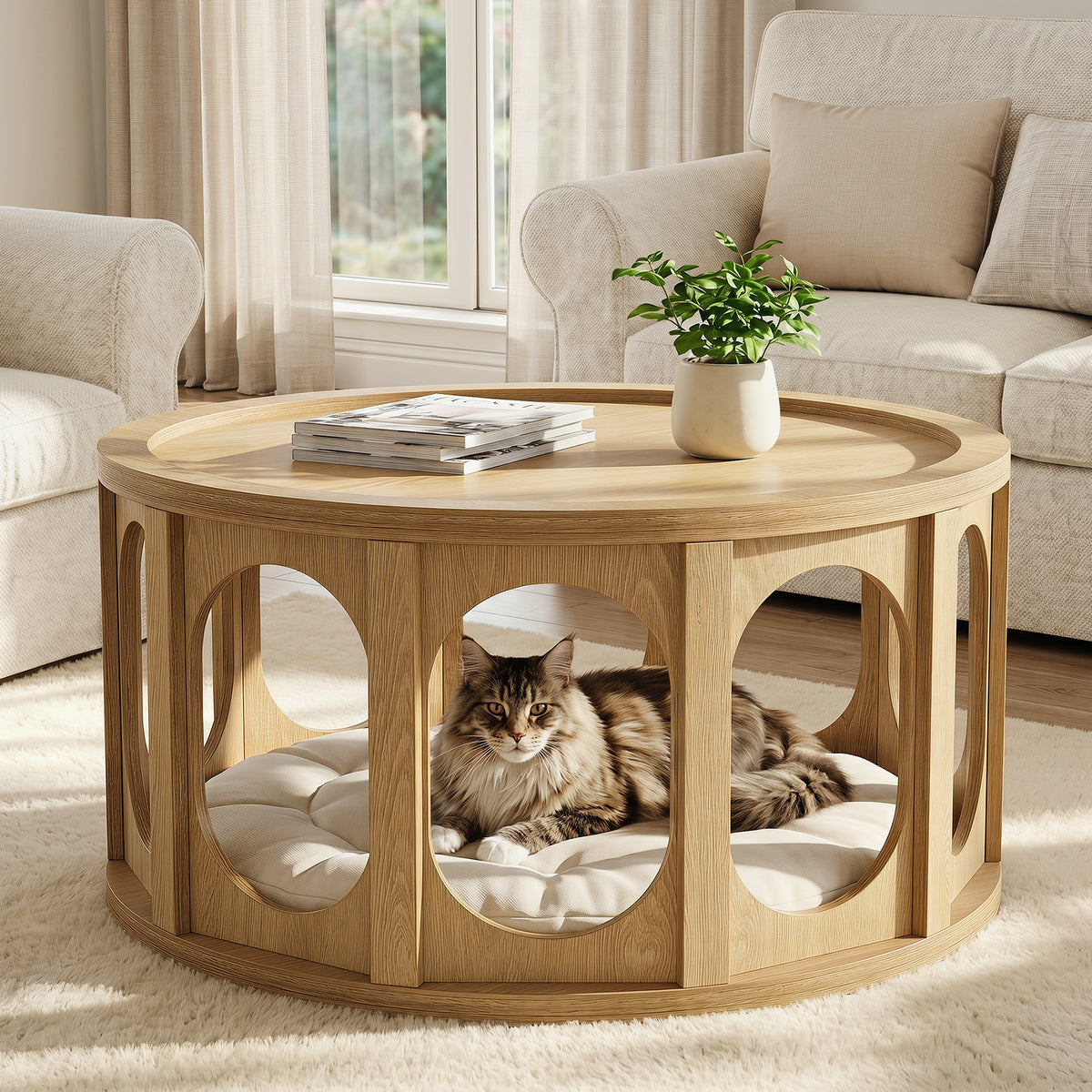 80 cm Round Coffee Table with Tray Top,Mid-Century Modern Accent Table for Living Room – Rustic Brown.