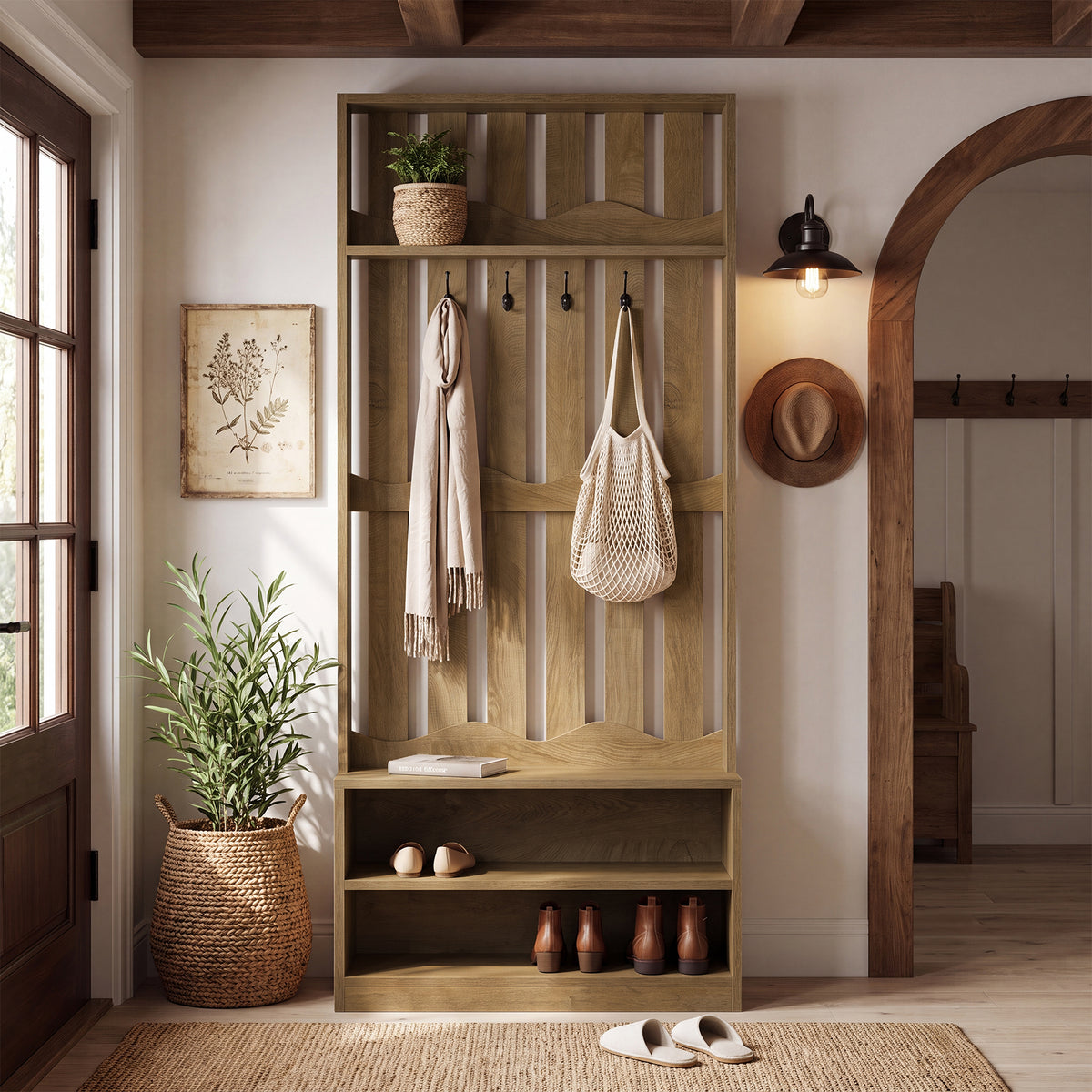 182cm Hall Tree, Farmhouse Entryway Storage with Bench & 4 Coat Hooks