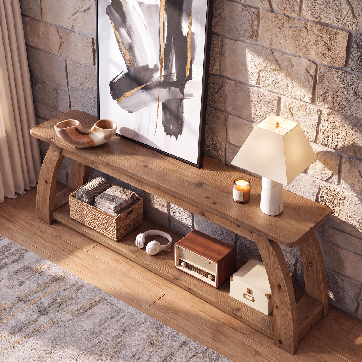 160cm TV Stand, 2-Tier Solid Wood Entertainment Centre with Open Storage for up to 75" TVs
