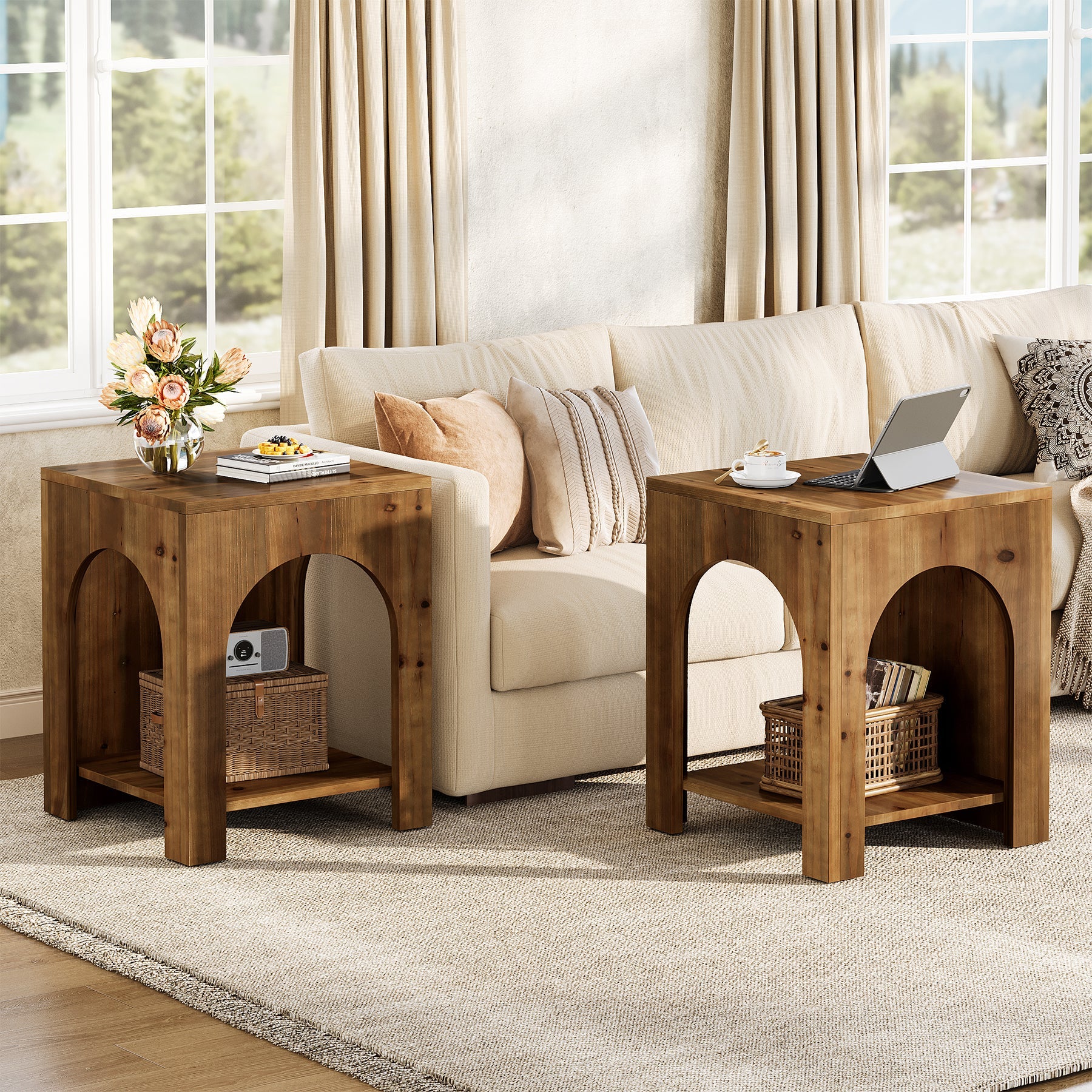 2-Tier End Table, Farmhouse Square Side Table with Arch Design