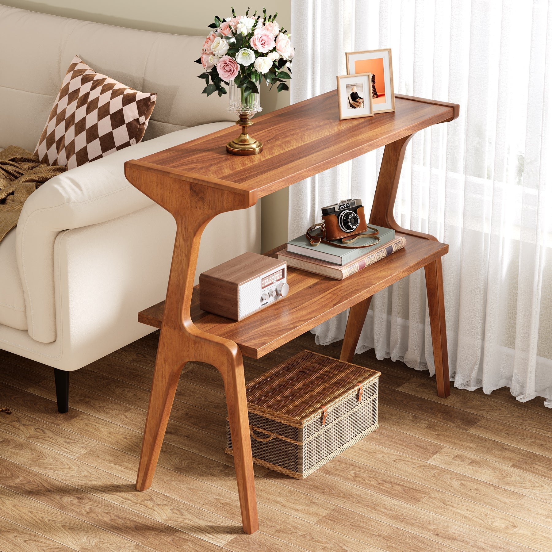 27.5" 2-Tier End Table, Slim Sofa Side Table with Storage Shelf