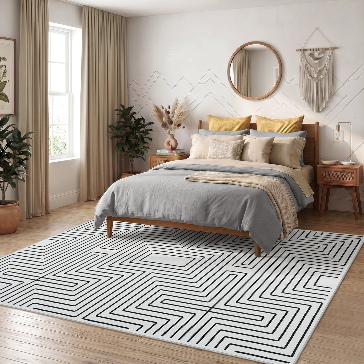 Tribesigns Minimalist Labyrinth Pattern Rug, Modern Geometric Non-Slip Low-Pile Area Rug for Living Room, OEKO-TEX Certified
