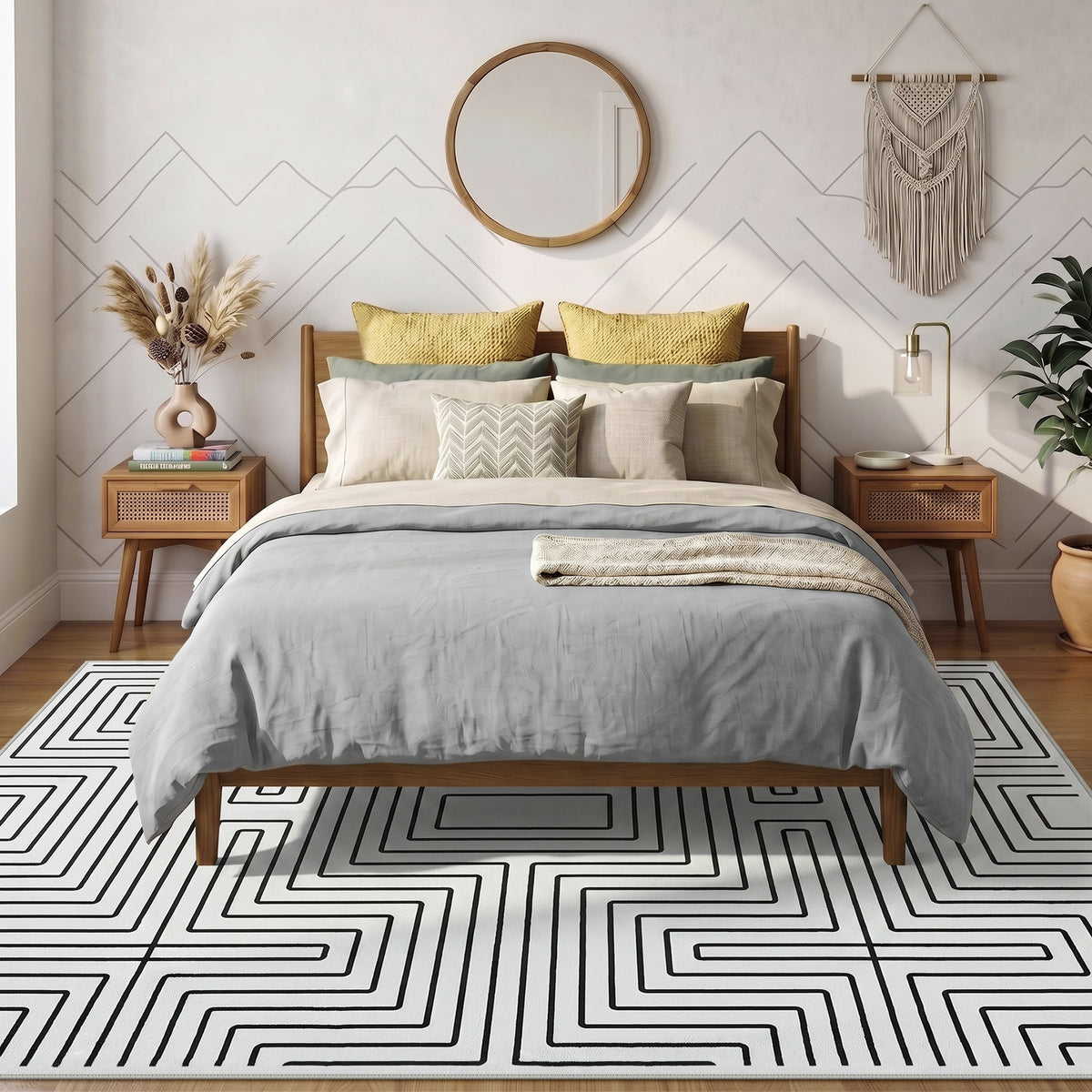 Tribesigns Minimalist Labyrinth Pattern Rug, Modern Geometric Non-Slip Low-Pile Area Rug for Living Room, OEKO-TEX Certified