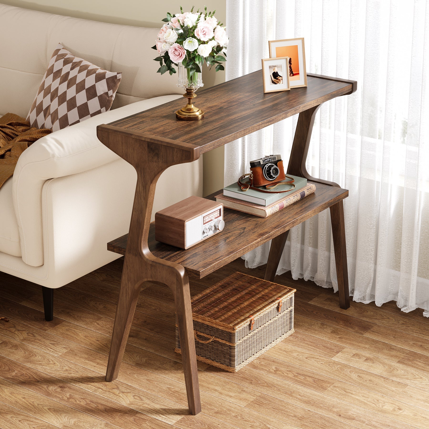 27.5" 2-Tier End Table, Slim Sofa Side Table with Storage Shelf