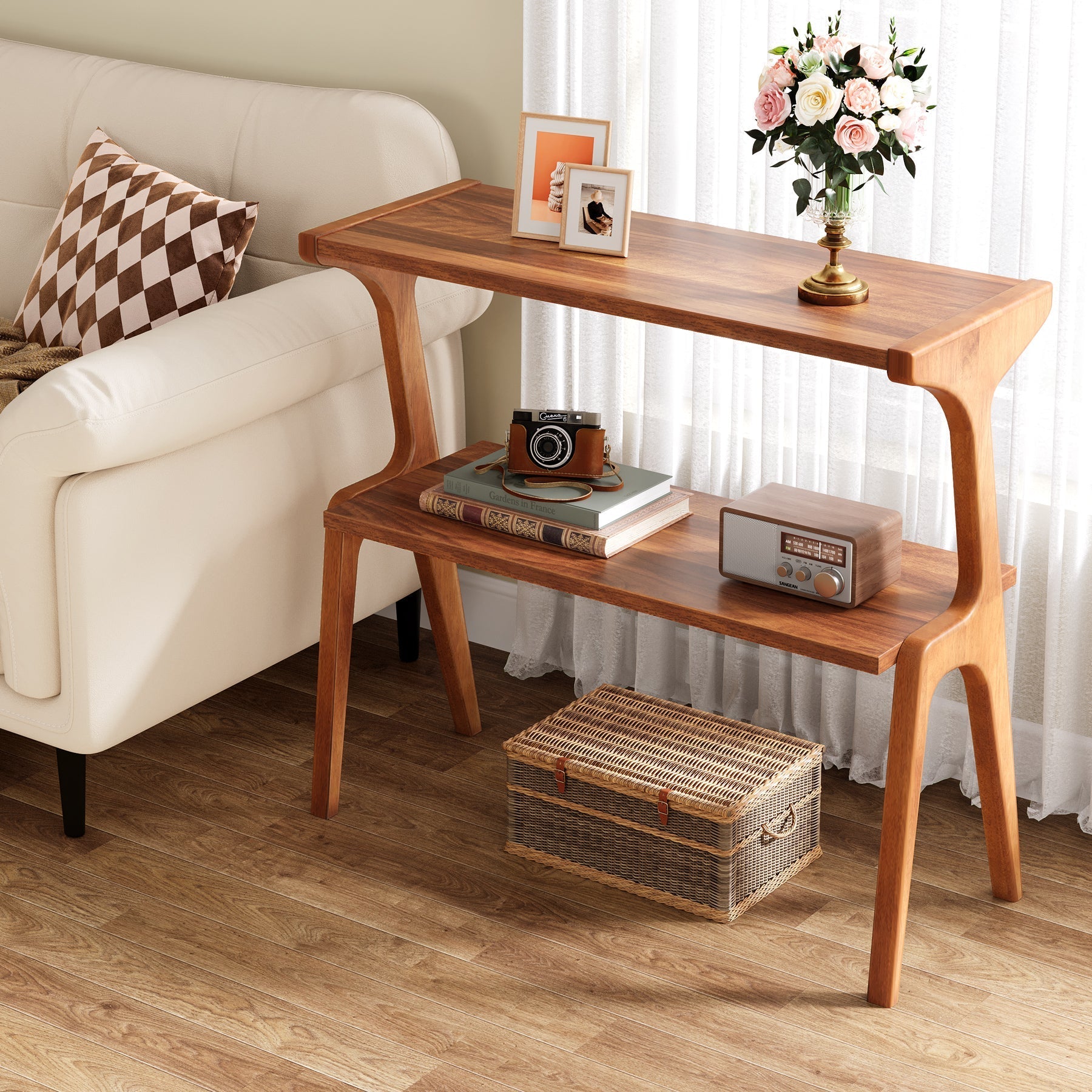 27.5" 2-Tier End Table, Slim Sofa Side Table with Storage Shelf