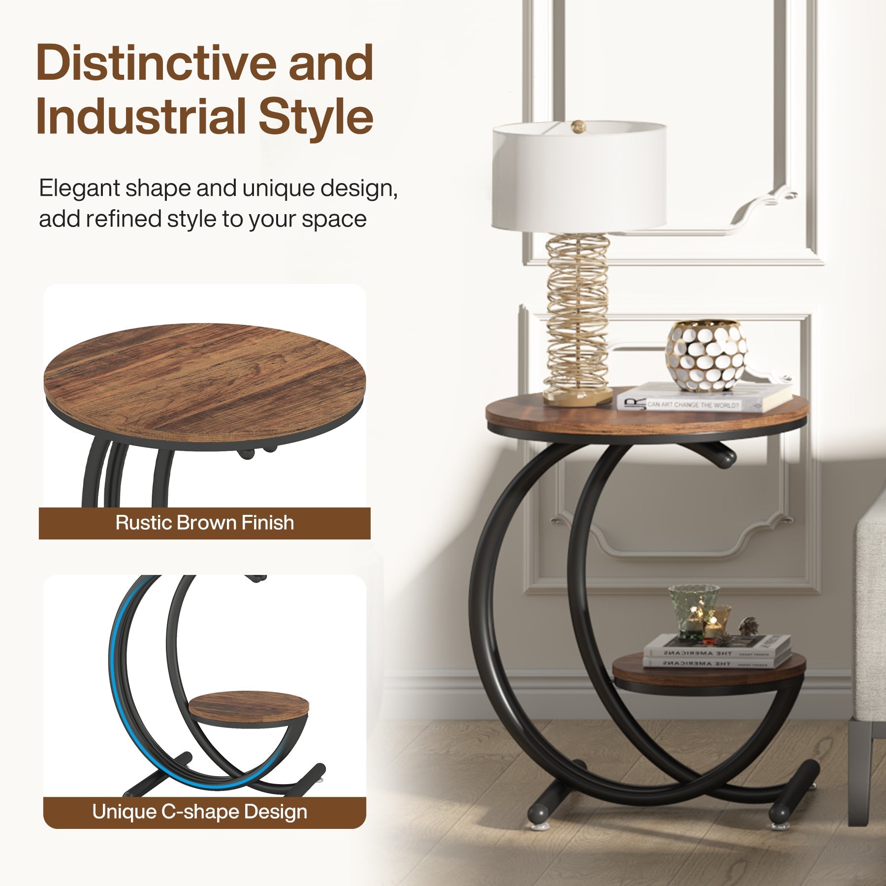 2 - Tier End Table, Small Accent Side Table with C - Shaped Frame Tribesigns