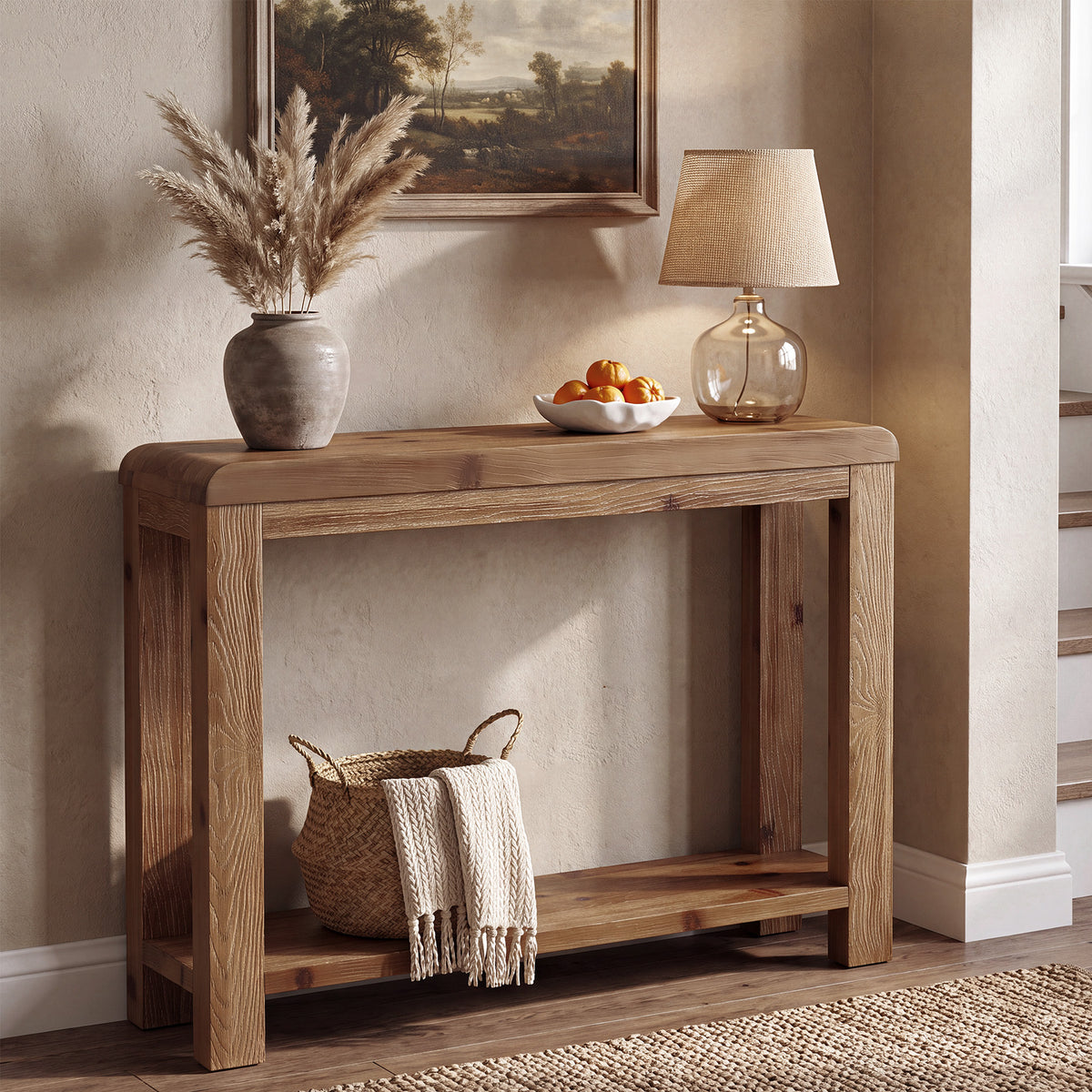 105cm Console Table, Solid Wood Farmhouse Sofa Table with Open Shelf Storage for Hallway Living Room