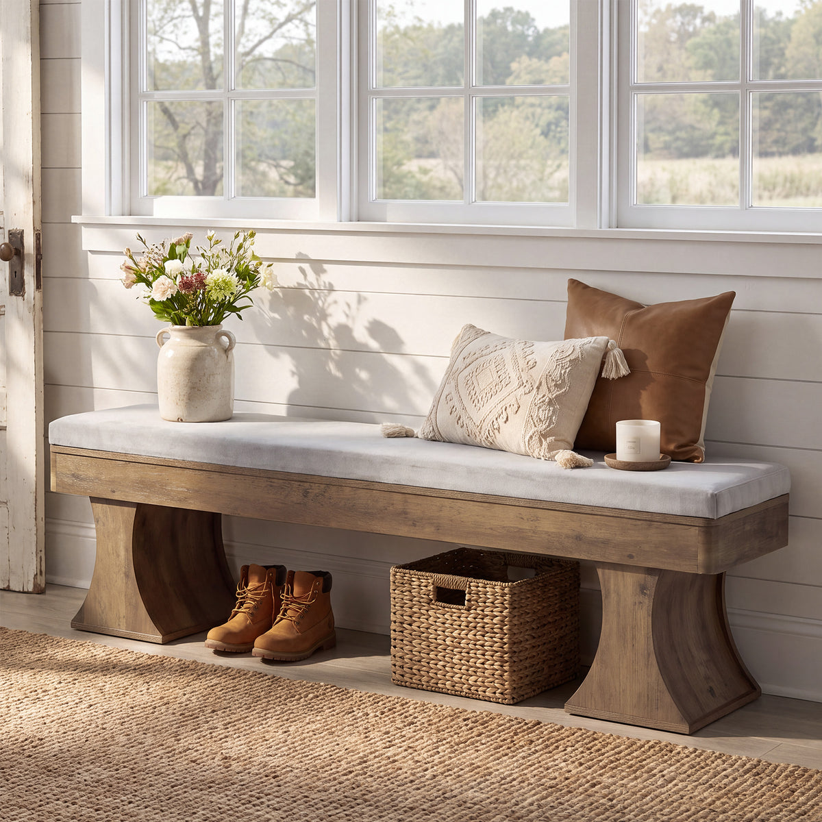 161cm Entryway Bench, Farmhouse Dining Bench with Cushion for Hallway Kitchen