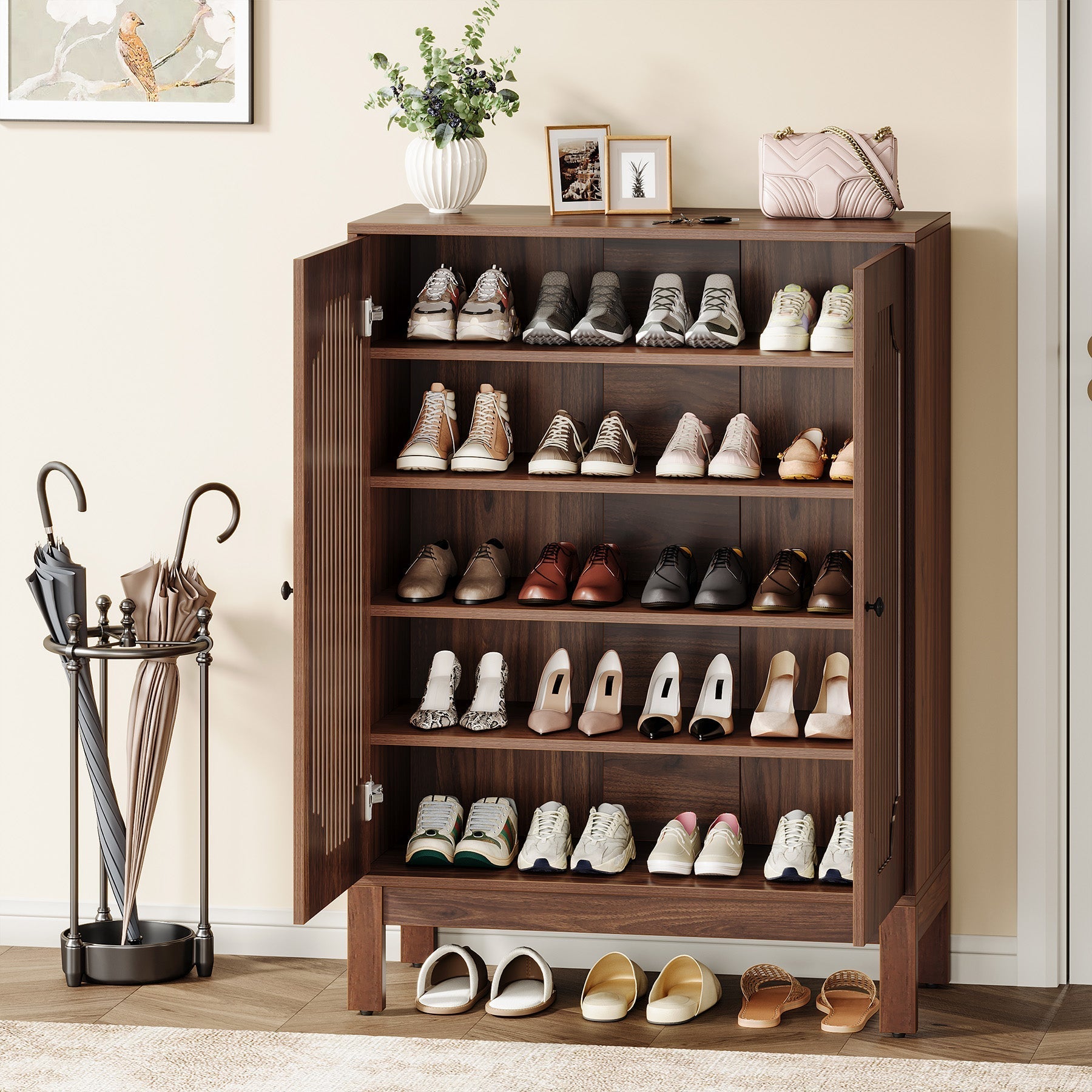 5-Tier Shoe Cabinet with Doors, Adjustable Wooden Shoe Rack Organizer for 20 Pairs
