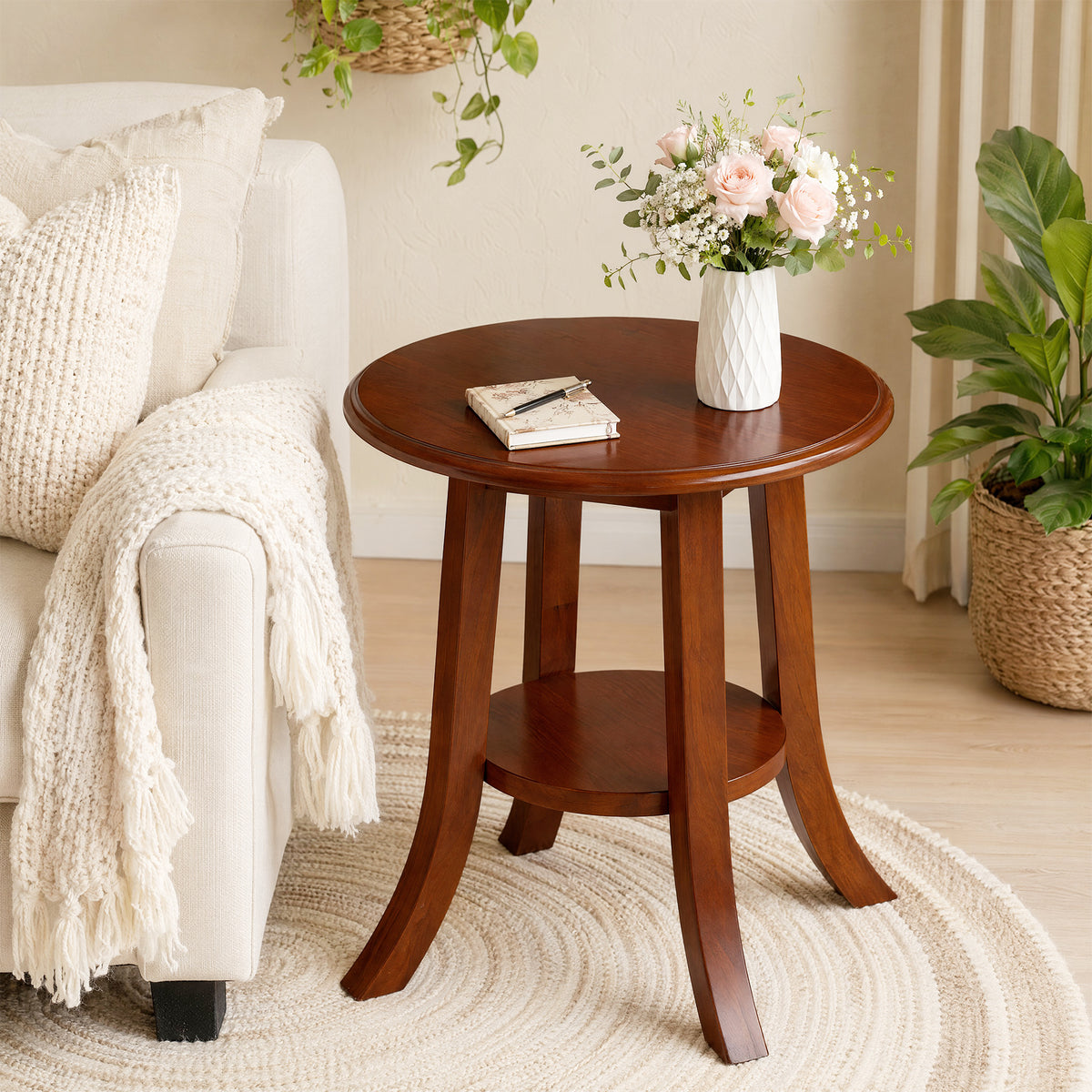 50cm Round Side Table, Vintage Solid Wood 2-Tier End Table with Curved Legs for Living Room