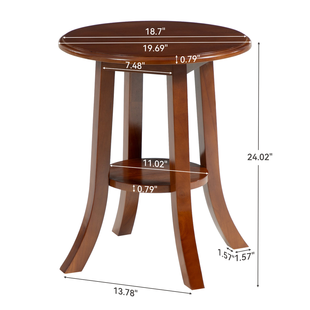 50cm Round Side Table, Vintage Solid Wood 2-Tier End Table with Curved Legs for Living Room