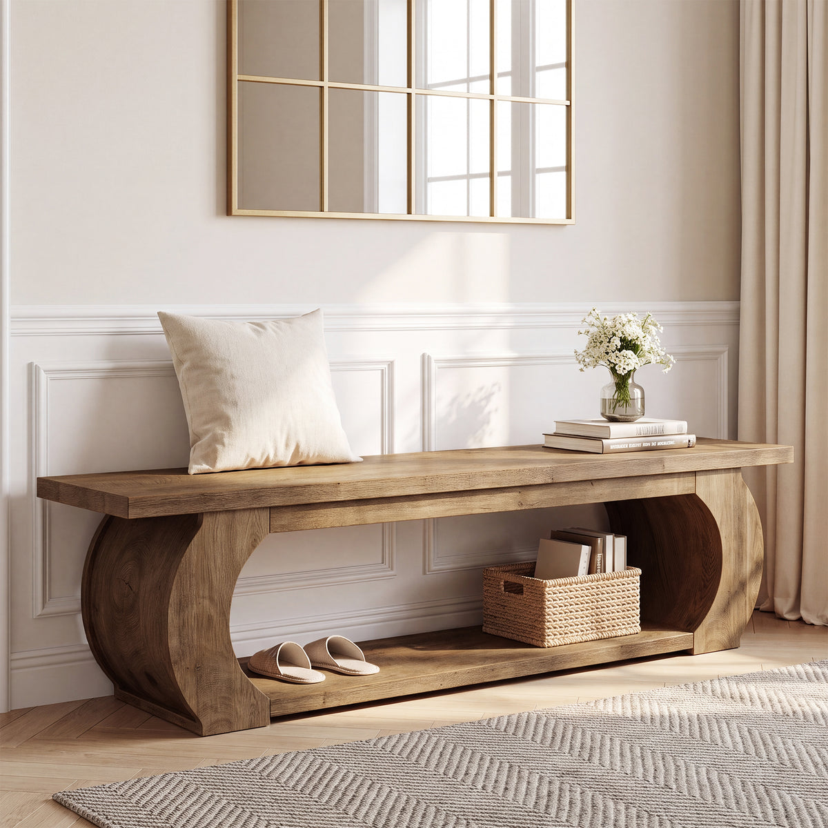 160cm Entryway Bench, Farmhouse Wooden Shoe Bench with Storage Shelf for Hallway