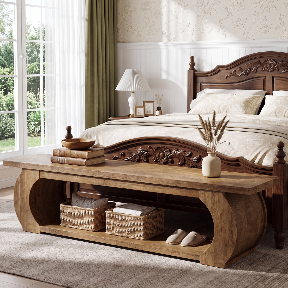 160cm Bedroom Bench, Country Storage Bench with Open Shelf & Curved Wood Frame