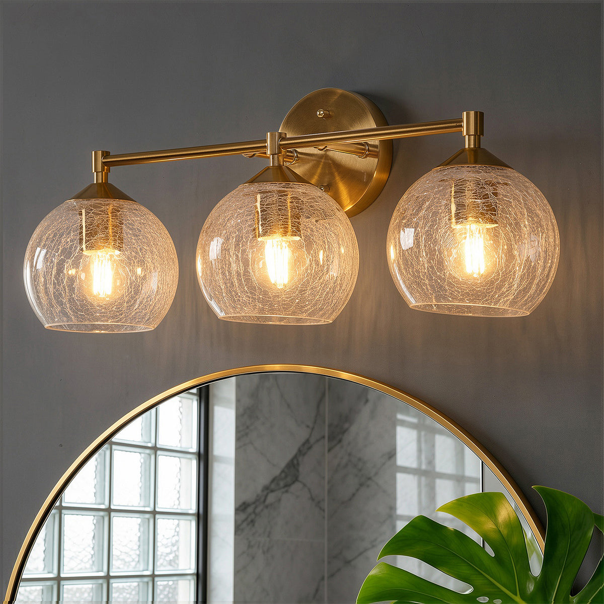 Tribesigns Gold-coloured 3-light bathroom wall light with crackled glass globes