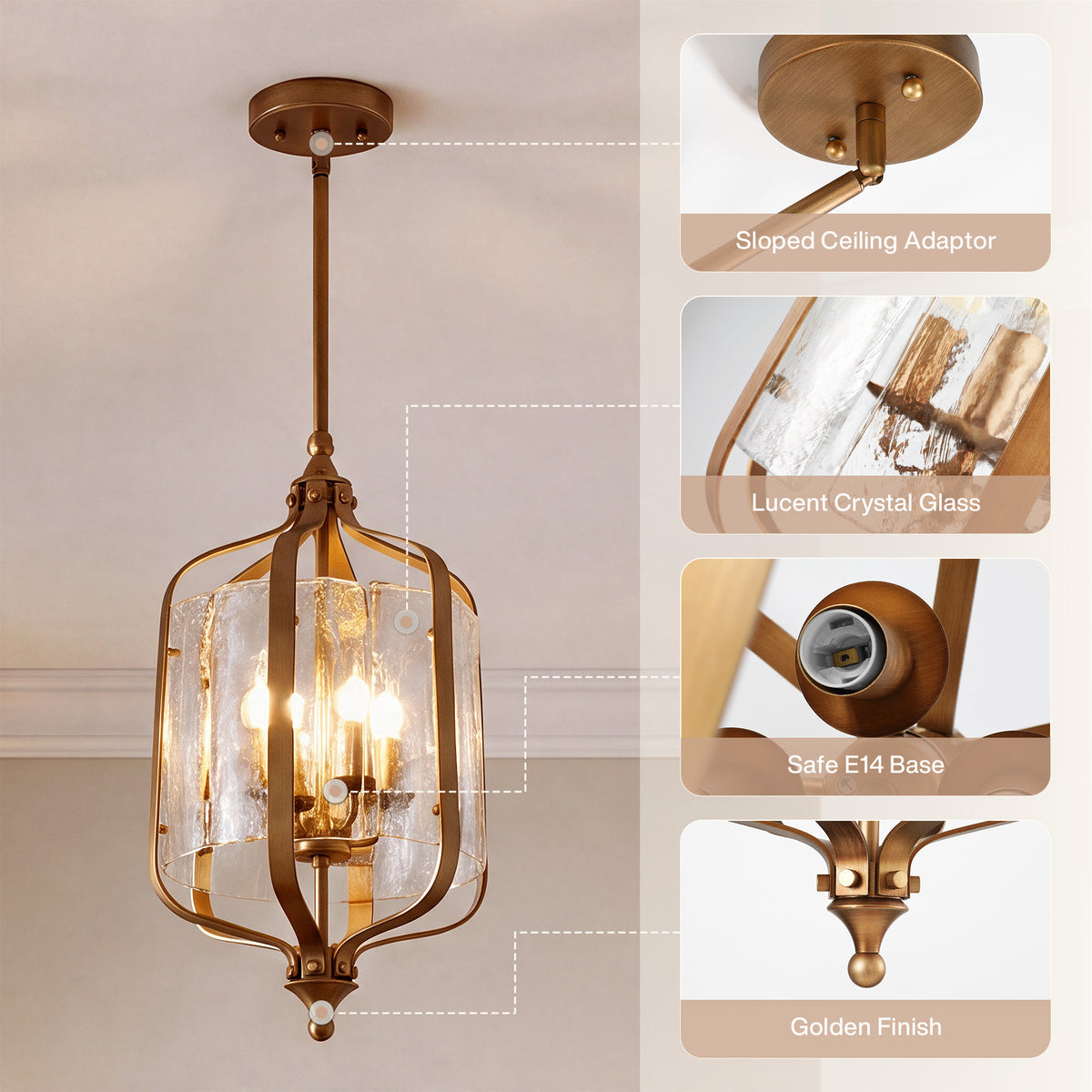 10.6" Gold Vintage Pendant Light, Lantern Chandelier