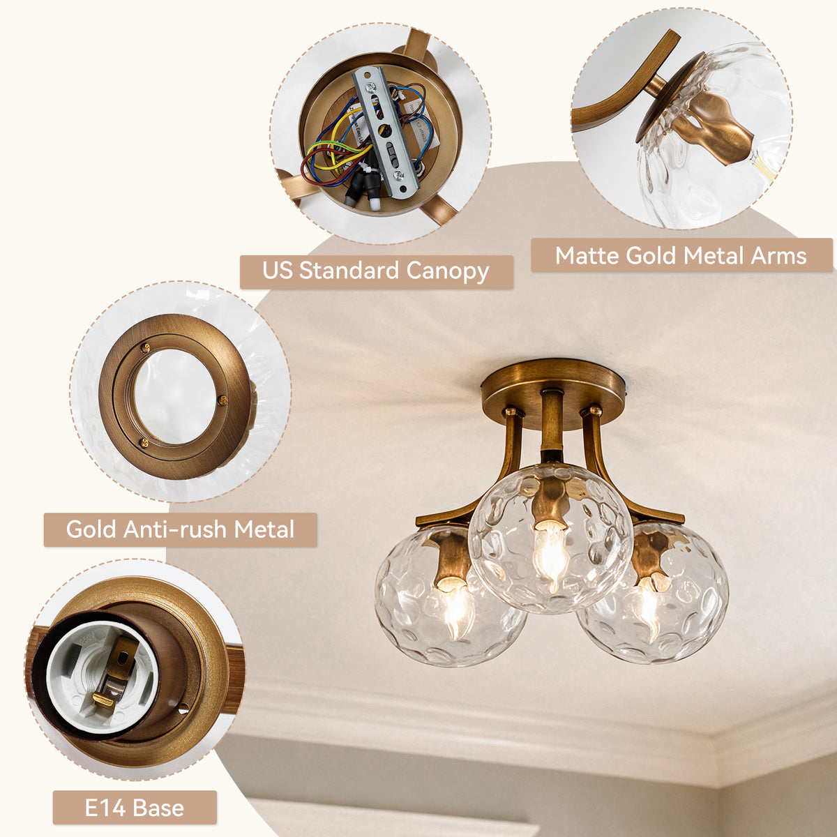 Tribesigns 3-bulb E14 ceiling light, living room ceiling lamp with clear blown glass spheres