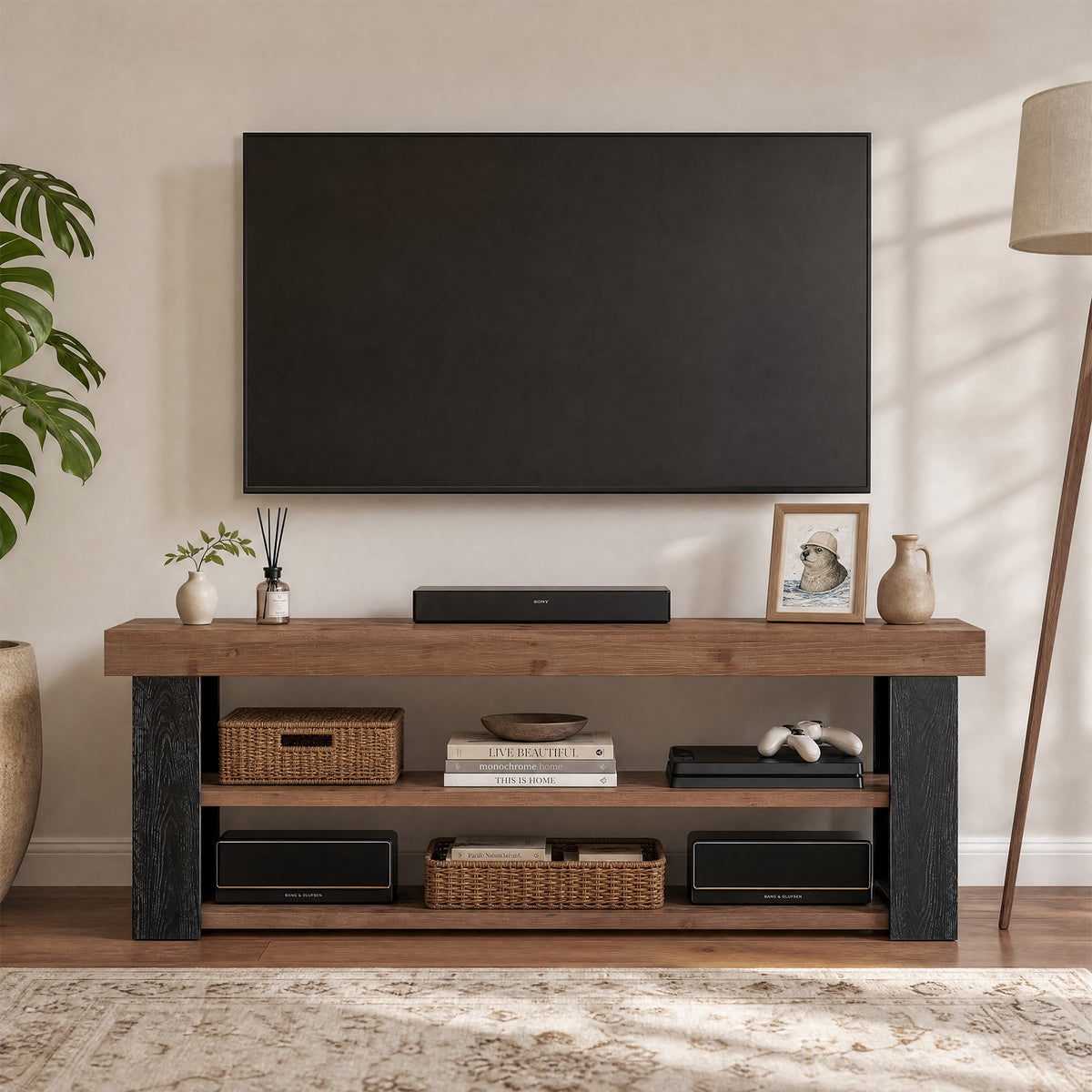 160cm TV Stand, Farmhouse Solid Wood Media Console for 65-70" TVs